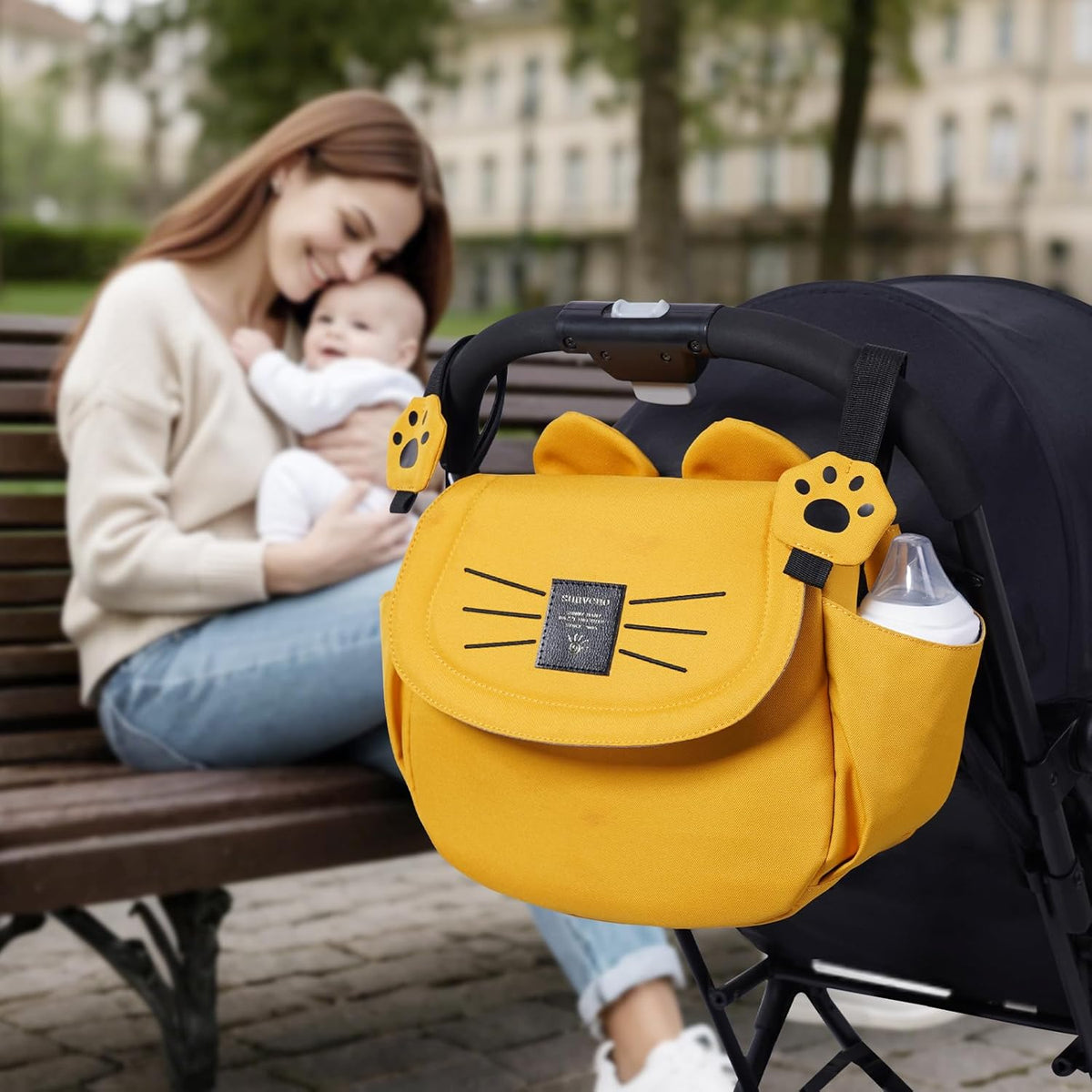 SUNVENO Universal Stroller Organizer with Cup Holder and Shoulder Strap, Cute Cartoon Cat Design, Diaper Bag with Multiple Inner Pockets, Fits Uppababy, Baby Jogger, Britax & Pet Strollers,Yellow