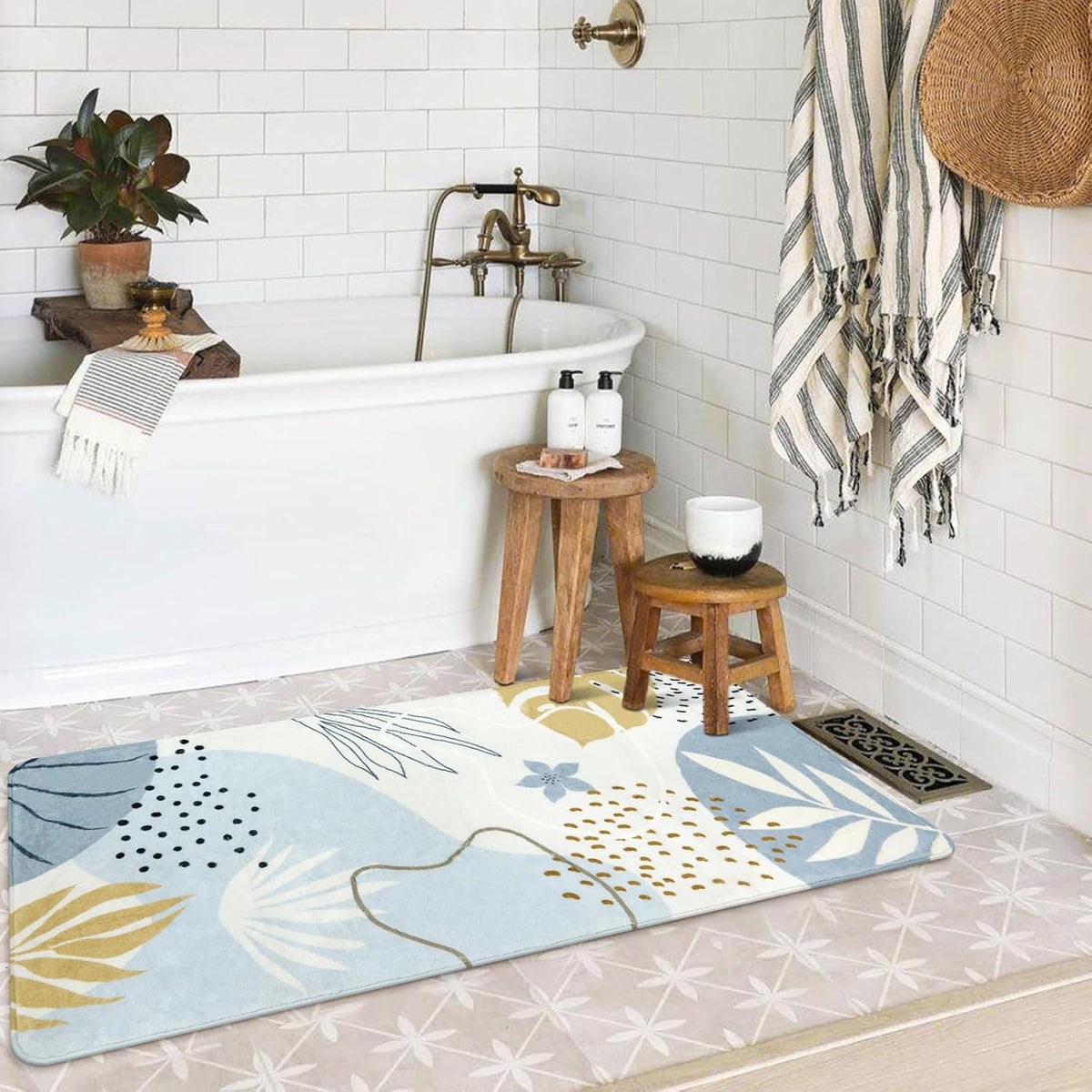 Lahome Boho Rug Runner - 2x4 Area Rug Non-Slip Washable Soft Bathroom Runner Rug Small Throw Long Bath Rug Blue Kitchen Runner, Botanical Print Foor Mats Runner Rug for Bedroom Hallway Laundry Room