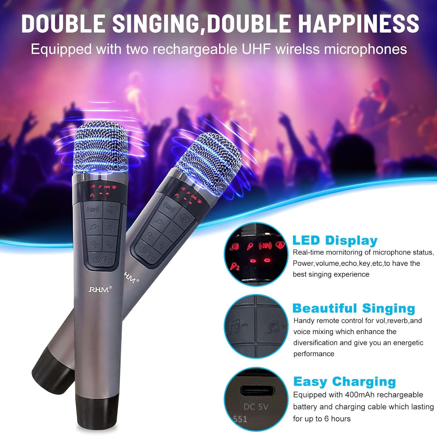 RHM K222 Karaoke Machine, Bluetooth Speaker with 2 UHF Wireless Microphones, 5 Music Modes, Support Optical, Bluetooth, AUX, USB, PC, Wooden Party Speaker for TV, Home Party, Karaoke, Meeting