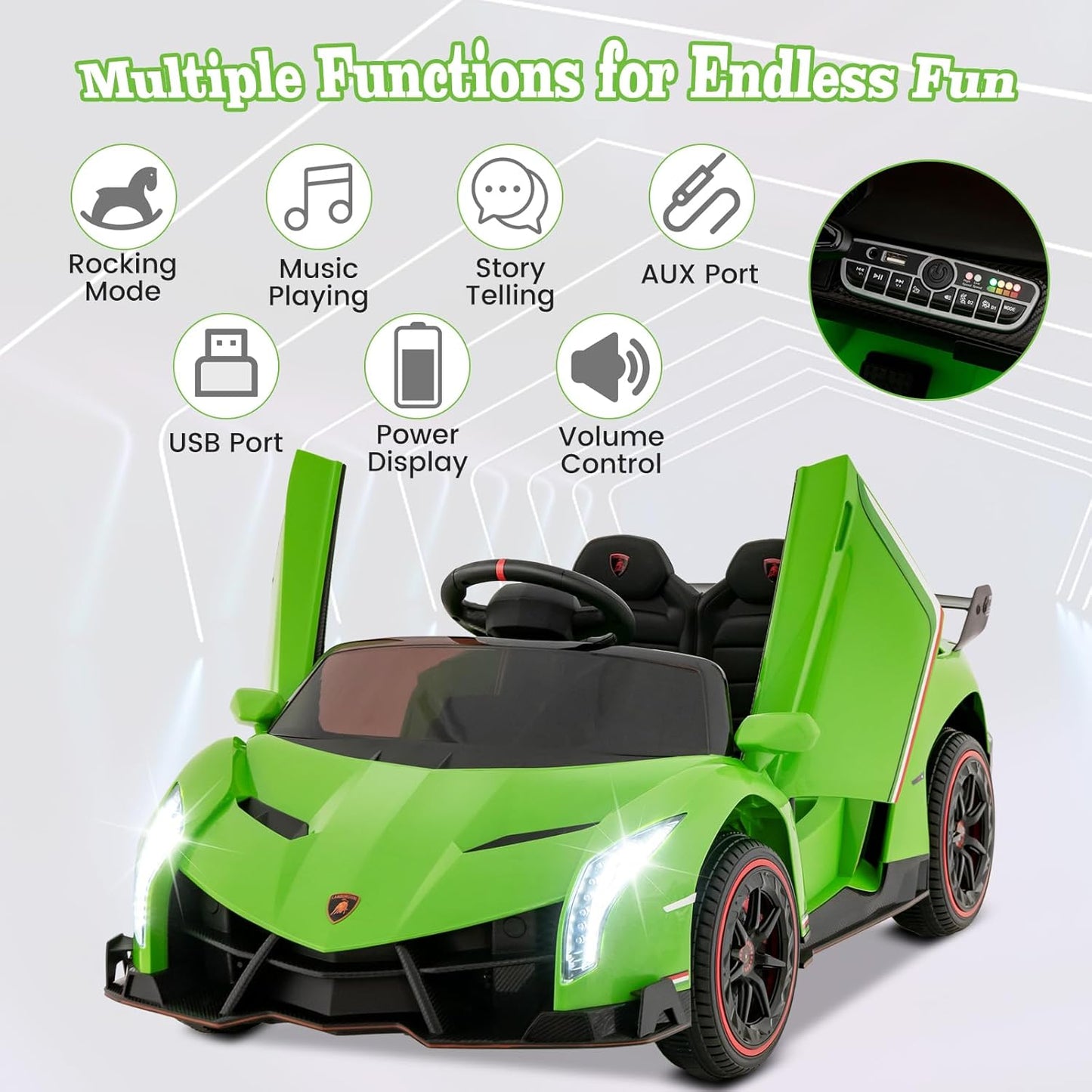 Costzon Ride on Car, Lamborghini Licensed 12V Battery Powered 4WD Sports Car with Remote Control, 3 Speeds, Hydraulic Doors, LED Lights, Towing Wheel, Horn, Music, Electric Vehicle for Kids Aged 3-8