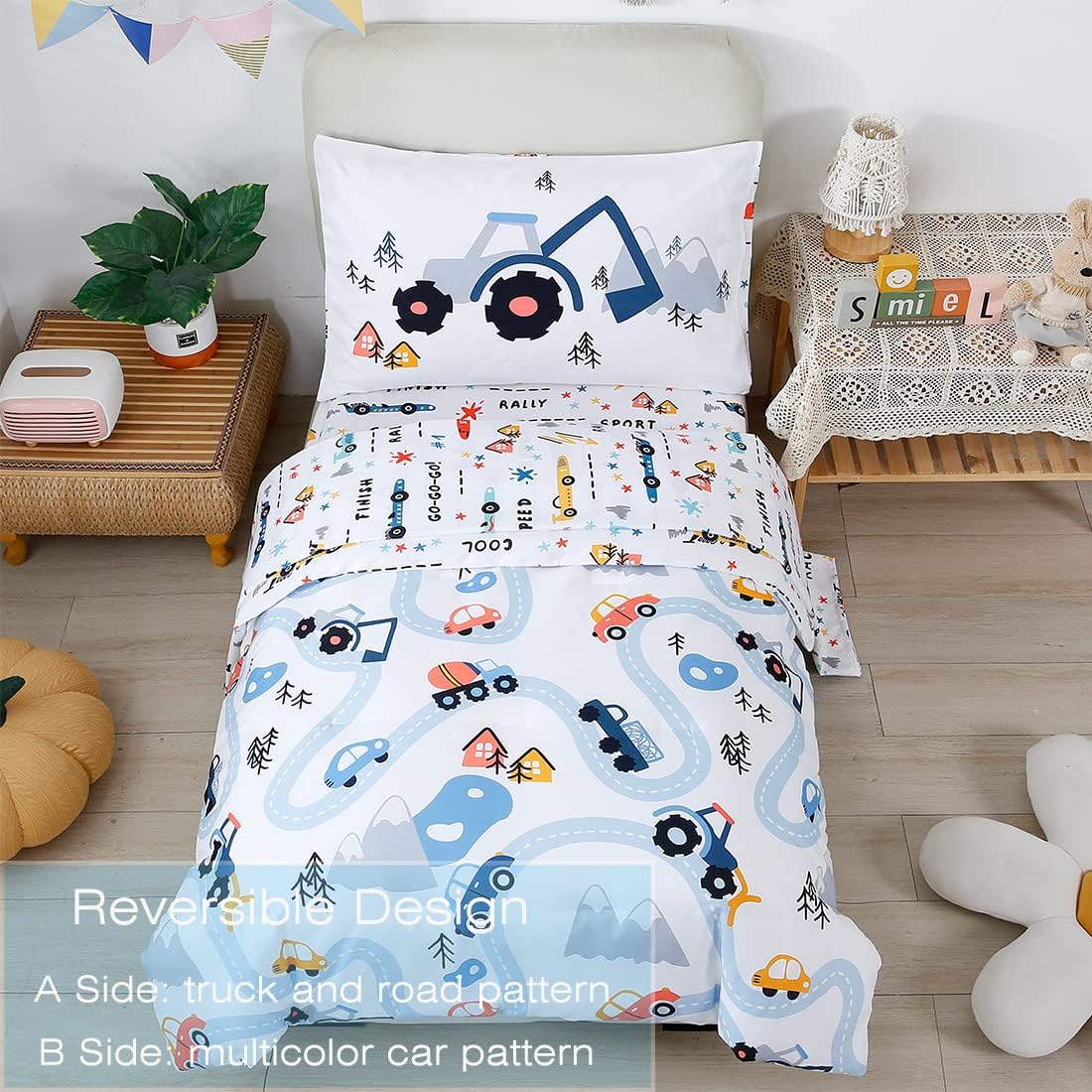 PERFEMET 5-Piece Kids Comforter Full Size Set Reversible Trucks Cars Bedding Comforter Set for Boys Girls Ultra Soft Lightweight Blue White Boy Bed in a Bag for All Season(Cars, Full)