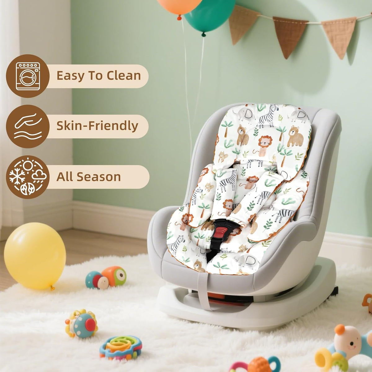 Infant Car Seat Insert Cushion, Baby Car Seat Head Body Support for Girls & Boys, Reversible Newborn Car Seat Insert with 2 Extra Strap Paddings, Premature Car Seat Cushion, Animal