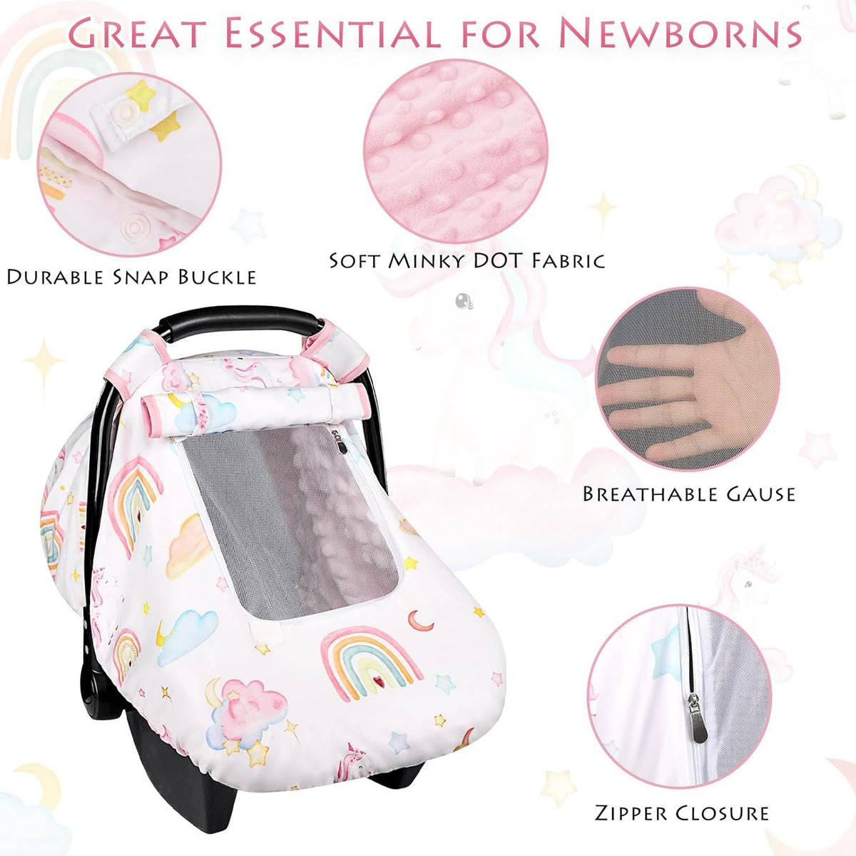 Baby Carseat Cover Girls, Pea Pod Unicorn Infant Car Seat Covers Canopy for Newborn with 2 Layers Windows of Breathable Mesh/Fabric, Lightweight Polyester/Minky Dot Backing, Snug Fit