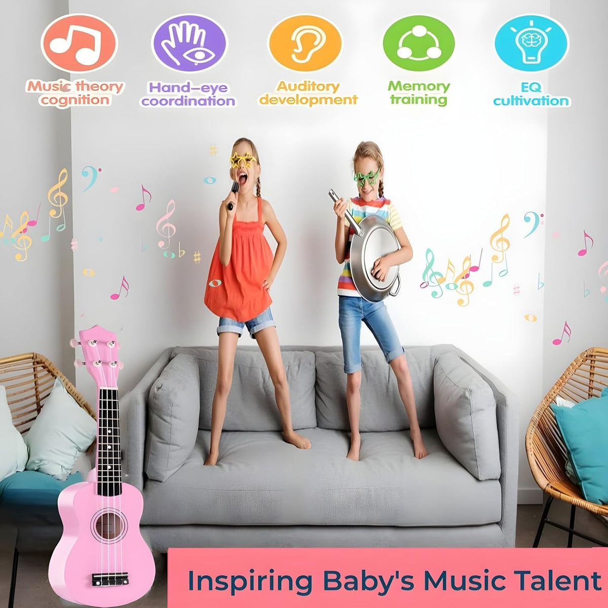 21 Inch Wooden Kids Toddler Child Children Acoustic Guitar Musical Instruments Ideal for 3-9 Year Old Boys Girls Gifts (Pink)