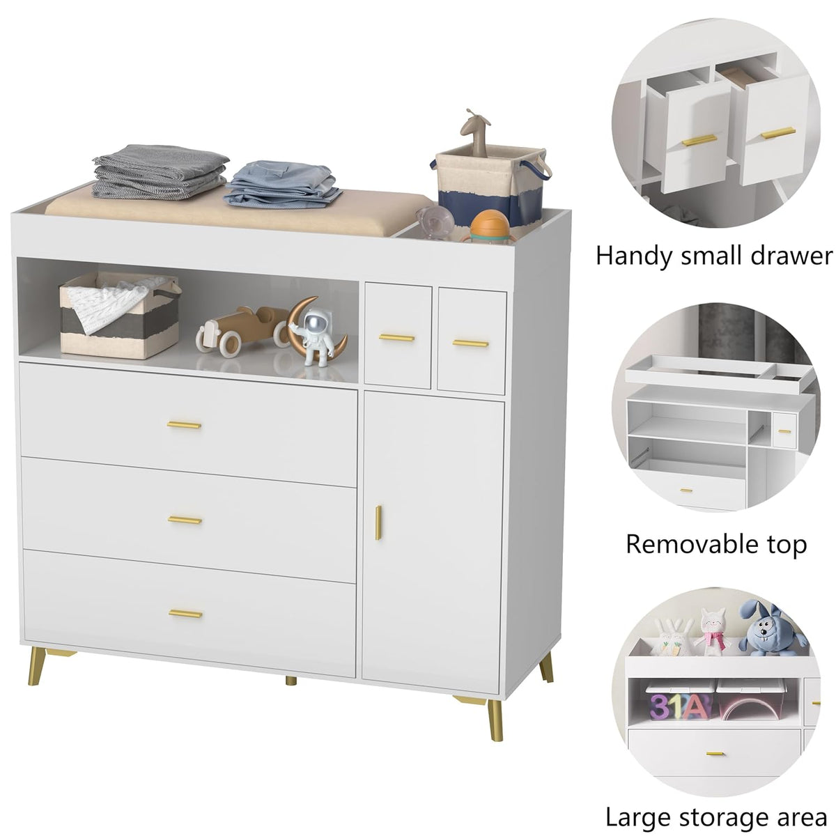 PakaLife Changing Table with Drawers, White Drawer Dresser,Changing Table Dresser with 5 Drawer & Cabinet…