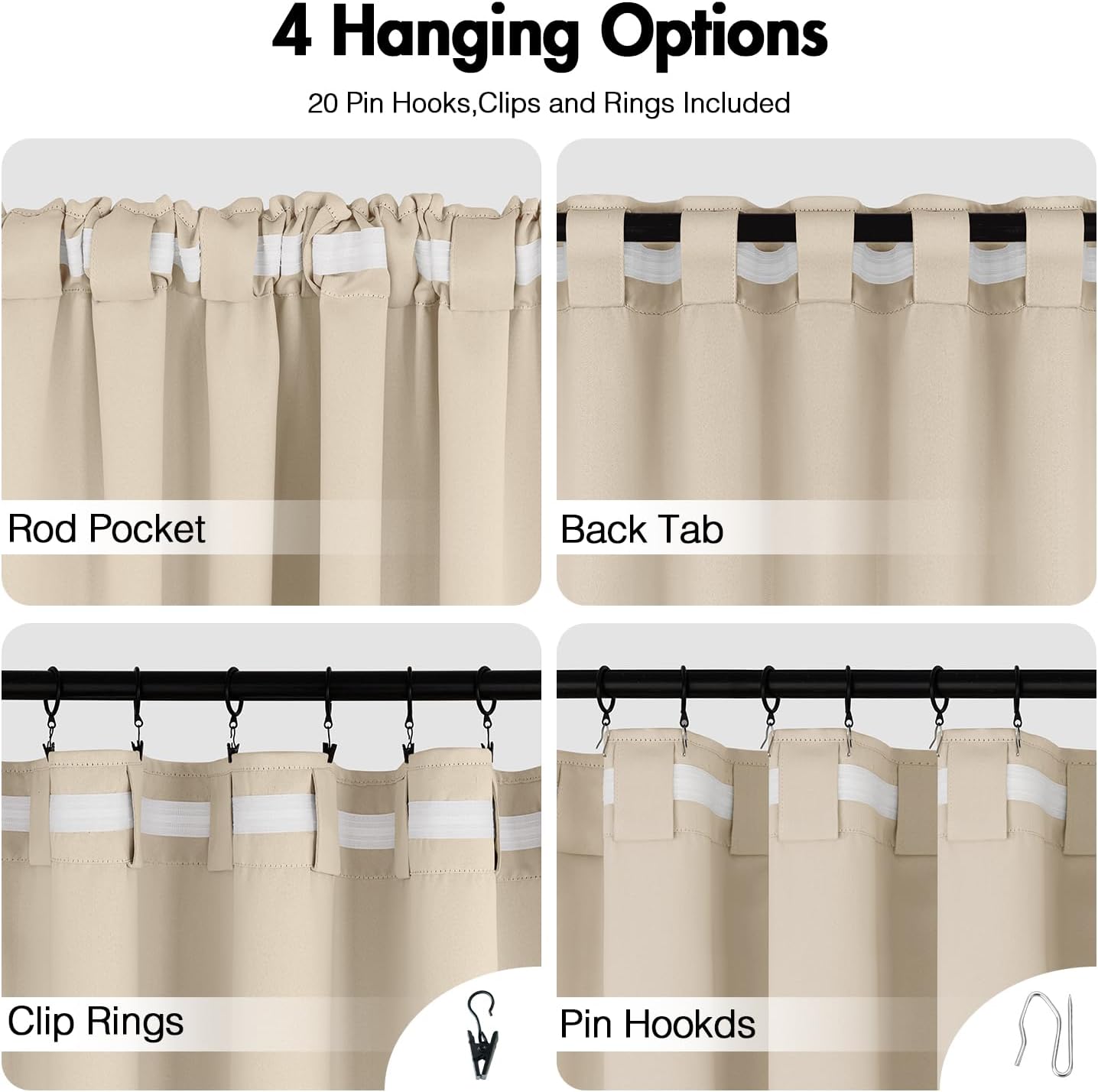 ANRODUO Back Tab Blackout Curtains for Bedroom Living Room, Rod Pocket Pinch Pleated Thermal Insulated Room Darkening Curtains 84 Inches Long 2 Panels, Cream Beige, 52 x 84 Inch