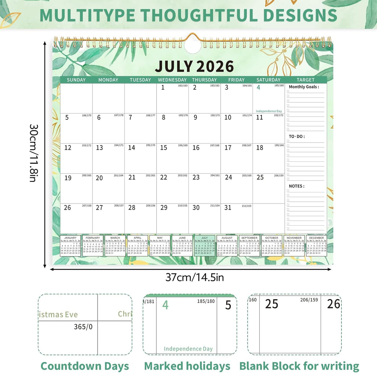 Wall Calendar 2025-2026, 18 Month Large Desk Calendar from July 2025 to December 2026 14.5" x 11.8" Monthly Calendar with Twin-Wire Binding for Home Office Planning Personal Organisers, Green Leaf