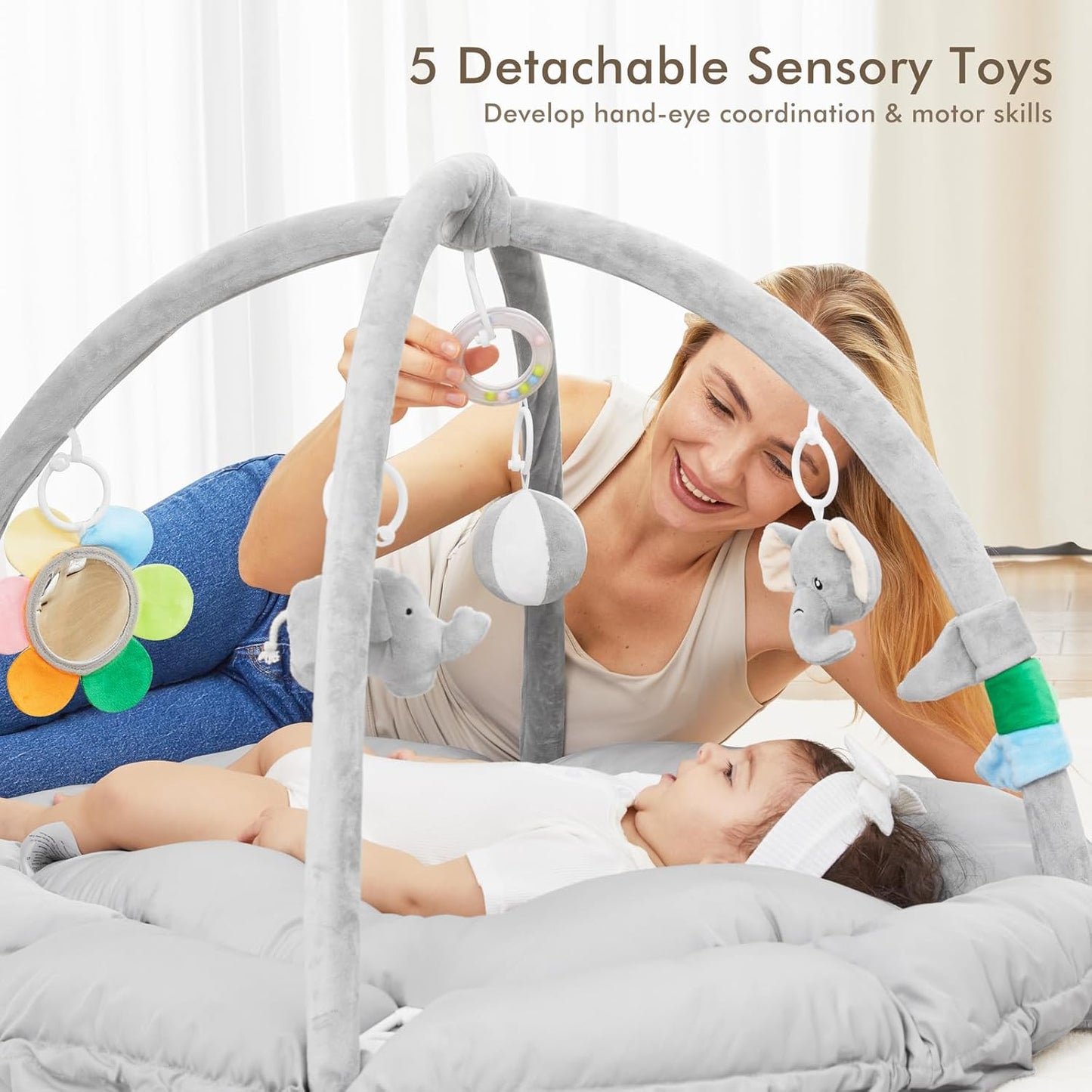 ANGELBLISS 5 in 1 Baby Play Gym Mat, Reversible Tummy Time Mat with 5 Sensory Toys for Stage-Based Developmental, Thick & Large Baby Activity Center from Newborn to Toddler (Grey)