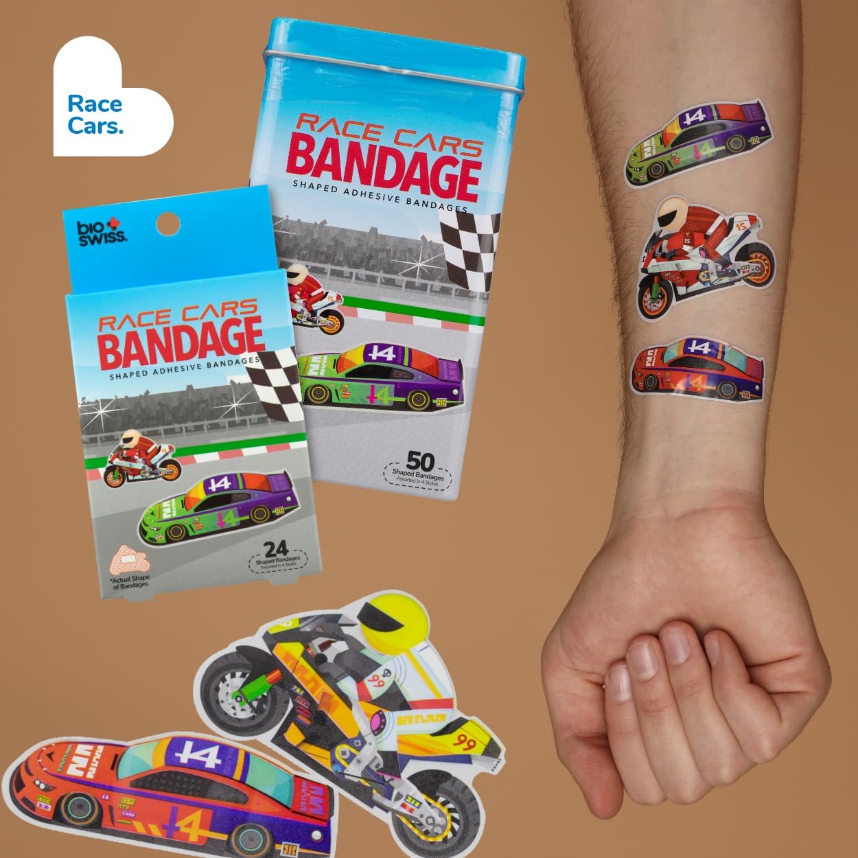 BioSwiss Bandages, Race Cars Shaped Self Adhesive Bandage, Latex Free Sterile Wound Care, Fun First Aid Kit Supplies for Kids and Adults, 24 Count