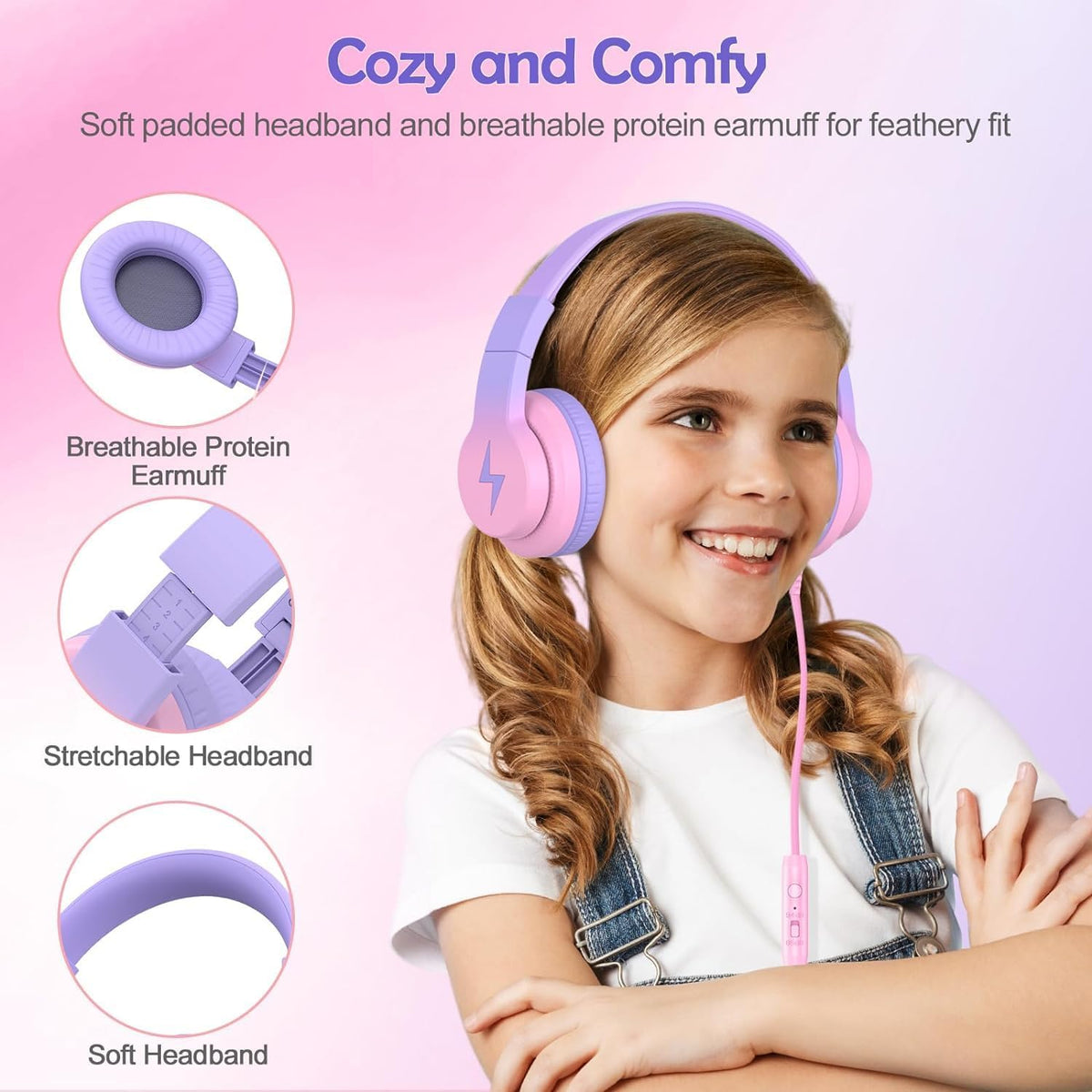 Bila Kids Headphones, Wired Over Ear Headphones with Microphone, Volume Limiter for Girls & Boys, Foldable for Learning & Entertainment