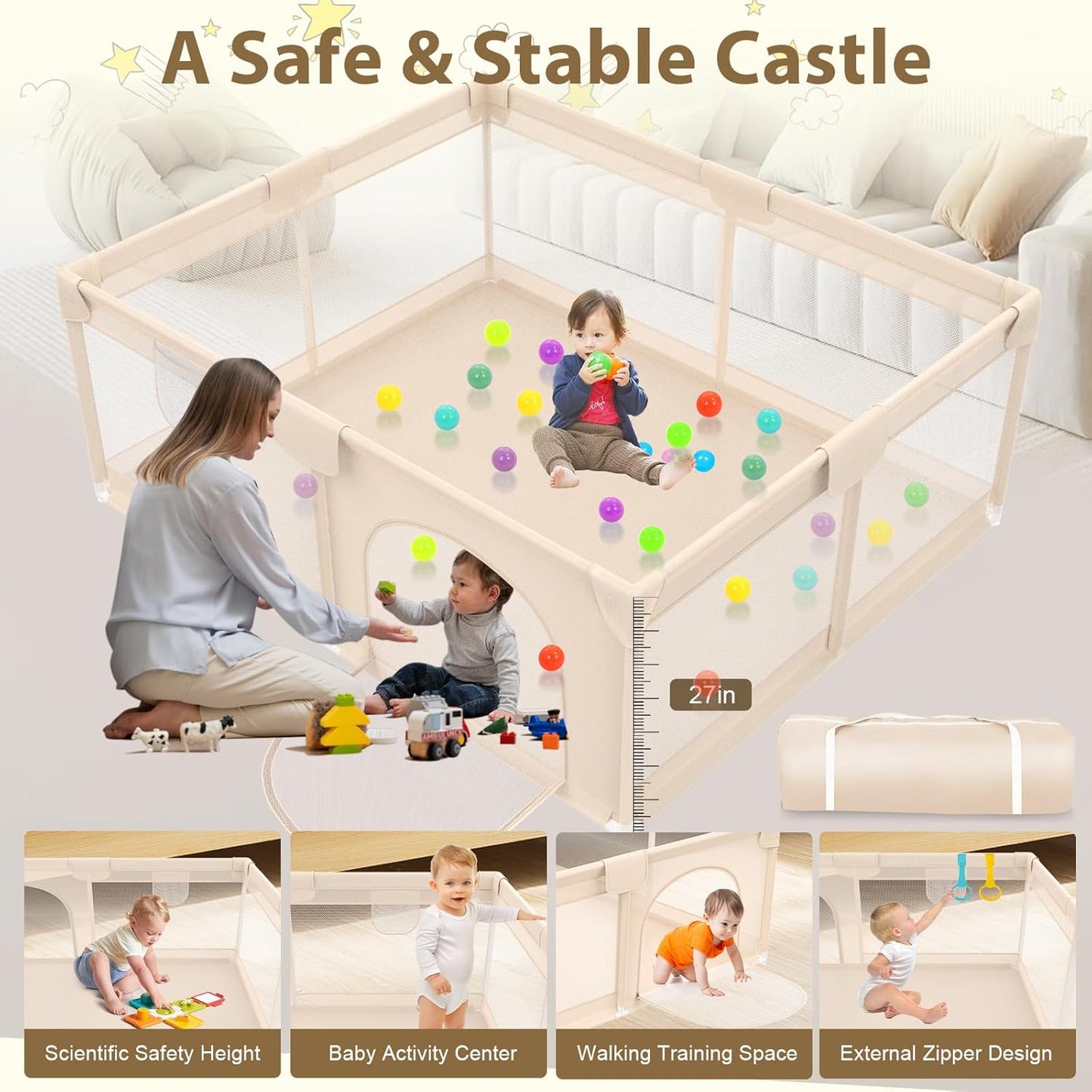 Playpen for Babies and Toddlers 50x50 inch - Baby Gate Playyard with Soft Breathable Mesh Cover - Indoor and Outdoor Baby Play Pen - Portable Playpen for Babies (Apricot)