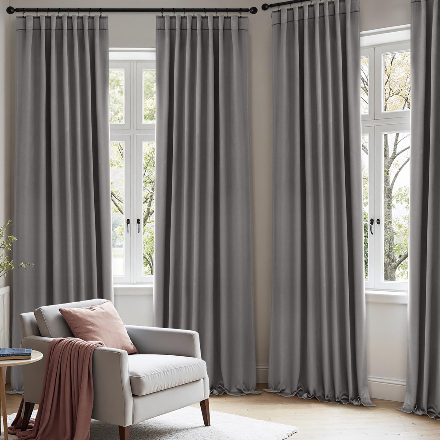 ANRODUO Back Tab Blackout Curtains for Bedroom Living Room, Rod Pocket Pinch Pleated Thermal Insulated Room Darkening Curtains 63 Inches Long 2 Panels, Grey, 42 x 63 Inch