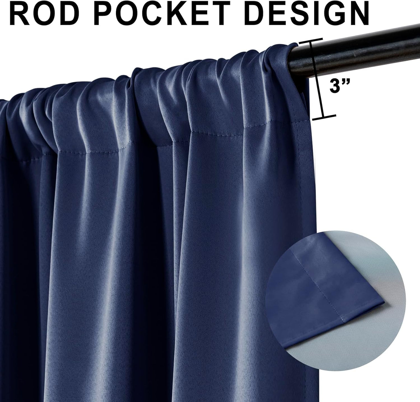 XWZO 100% Blackout Curtains 63 Inches Long with Tiebacks- Heat and Full Light Blocking, Thermal Insulated Rod Pocket Window Panels for Bedroom/Nursery, Navy Blue, W52 x L63, Set of 2 Draperies
