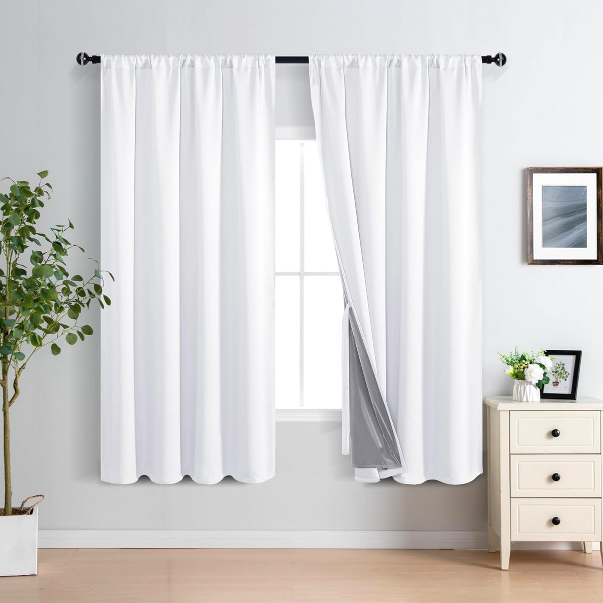 XWZO 100% Blackout Curtains 63 Inches Long - Rod Pocket Noise Reducing & Energy Efficiency Extra Wide Window Draperies with Black Liner for Bedroom/Living Room, White, W60 x L63, Set of 2