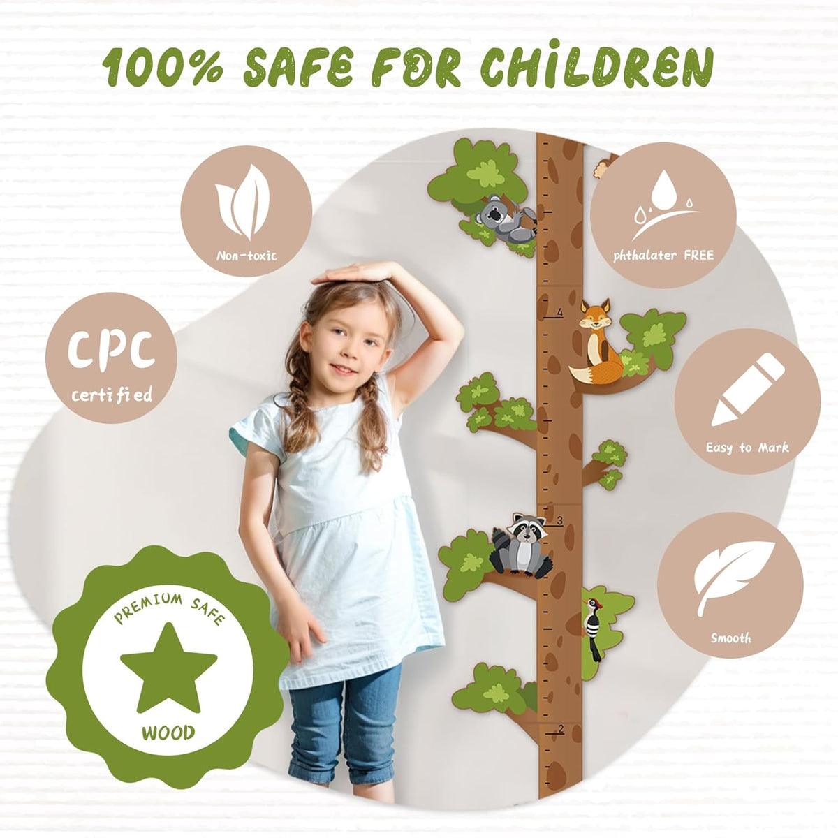 Wooden Surfboard Wall Decor Growth Chart,Tree Art Decor for Kids Room, Wood Tree Kids Sizing Chart, Height Board Cute Decor, Nursery Growth Chart Ruler Measuring Board for Boys Girls