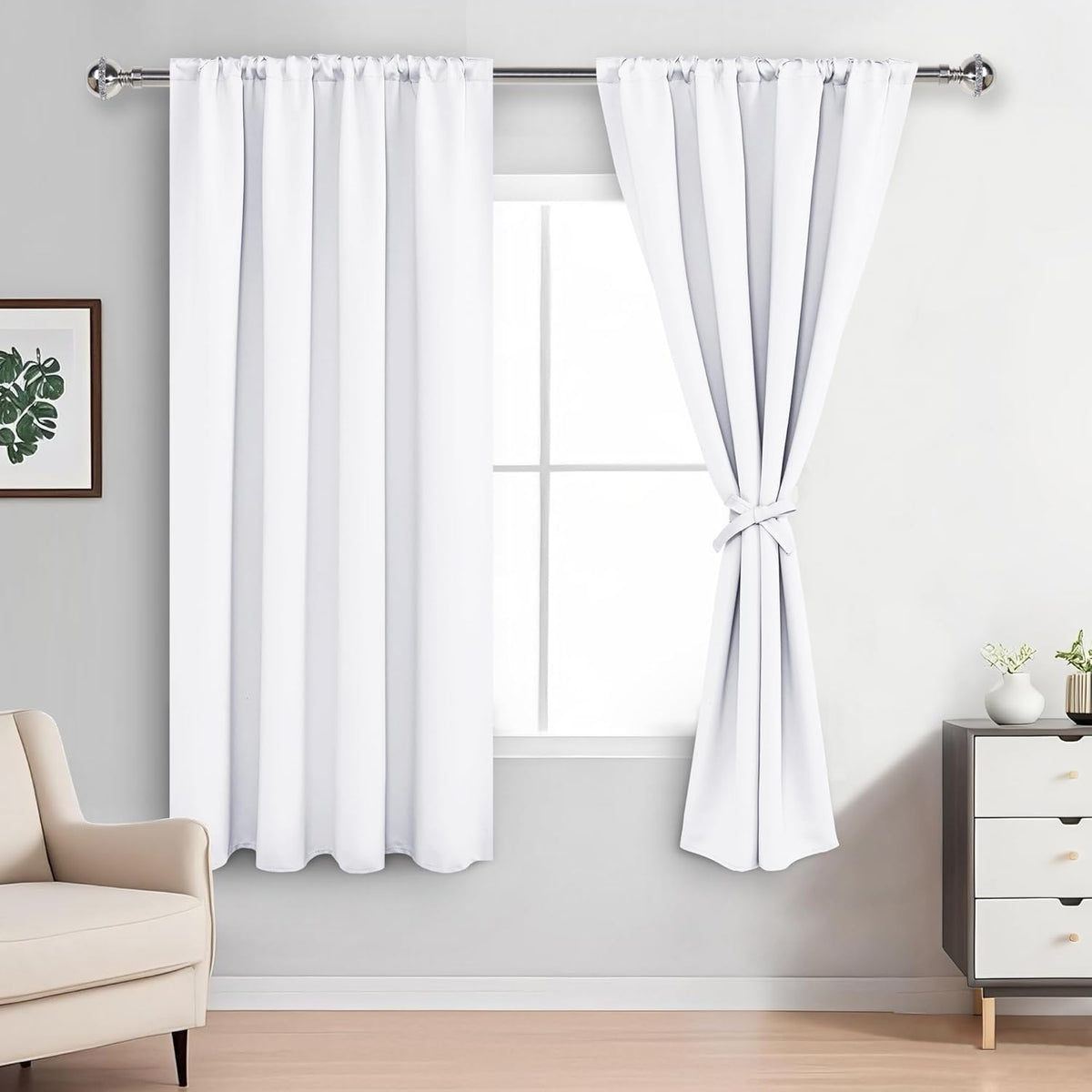 XWZO Blackout Curtains for Bedroom 63 inch Length Room Darkening Thermal Insulated Rod Pocket Curtains for Living Room with Tiebacks,White,W42 x L63,Set of 2