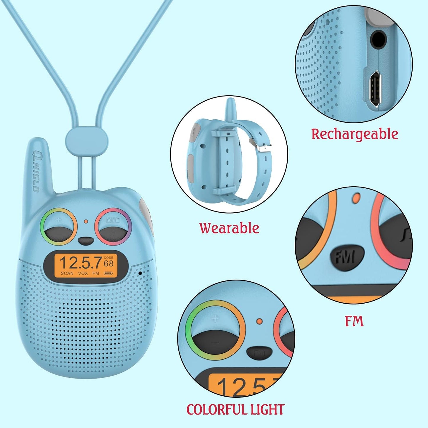 Qniglo Walkie Talkies for Kids Rechargeable 2 Pack,Christmas Birthday Gifts Toys for Age 3-12 Boys Girls, Long Range Kids Walky Talky with FM Radios for Family Adventure Camping Hiking Spy Games
