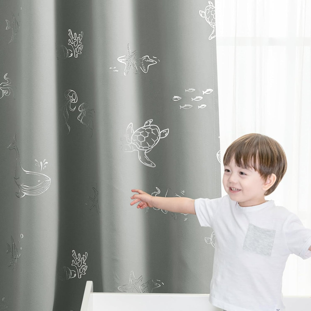 Vangao Kids Curtains for Boys Bedroom Kids Blackout Curtains 84 Inch Length Ocean Aquarium Nursery Drapes for Girls Bedroom Silver Sea Animals Print Thermal Insulated Drapes, Grey 2 Panels