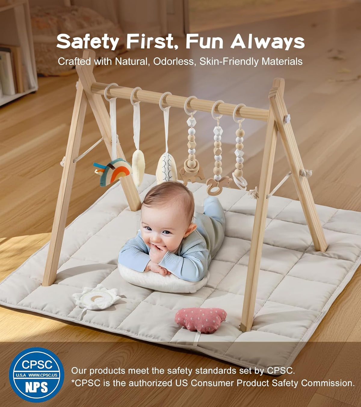 Baby Gym with Mat, Wooden Play Gym with 9 Sensory Toys, Foldable Baby Play GymFrame Activity Center, Natural Pine Wood, Montessori Toys, Easy to Assemble & Clean, Natural Color