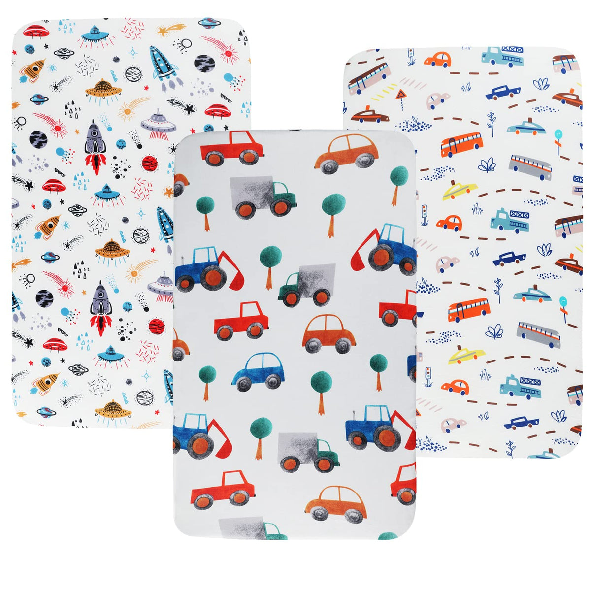 Pack n Play Sheet Stretchy Fitted Portable Mini Crib Sheets Set 3 Pack,Playard Sheets Convertible Playard Mattress Cover,Ultra Soft Jersey Material,Rocket Satellite,Car & Bus