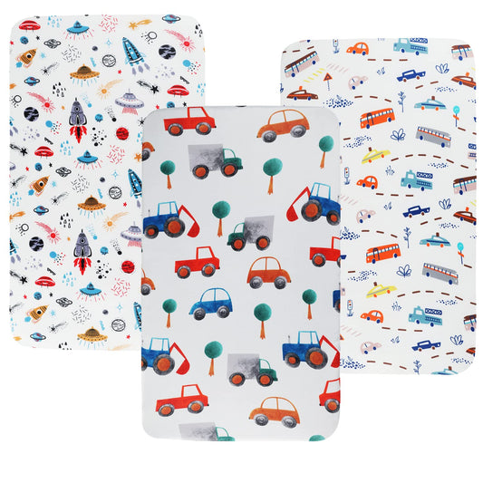 Pack n Play Sheet Stretchy Fitted Portable Mini Crib Sheets Set 3 Pack,Playard Sheets Convertible Playard Mattress Cover,Ultra Soft Jersey Material,Rocket Satellite,Car & Bus