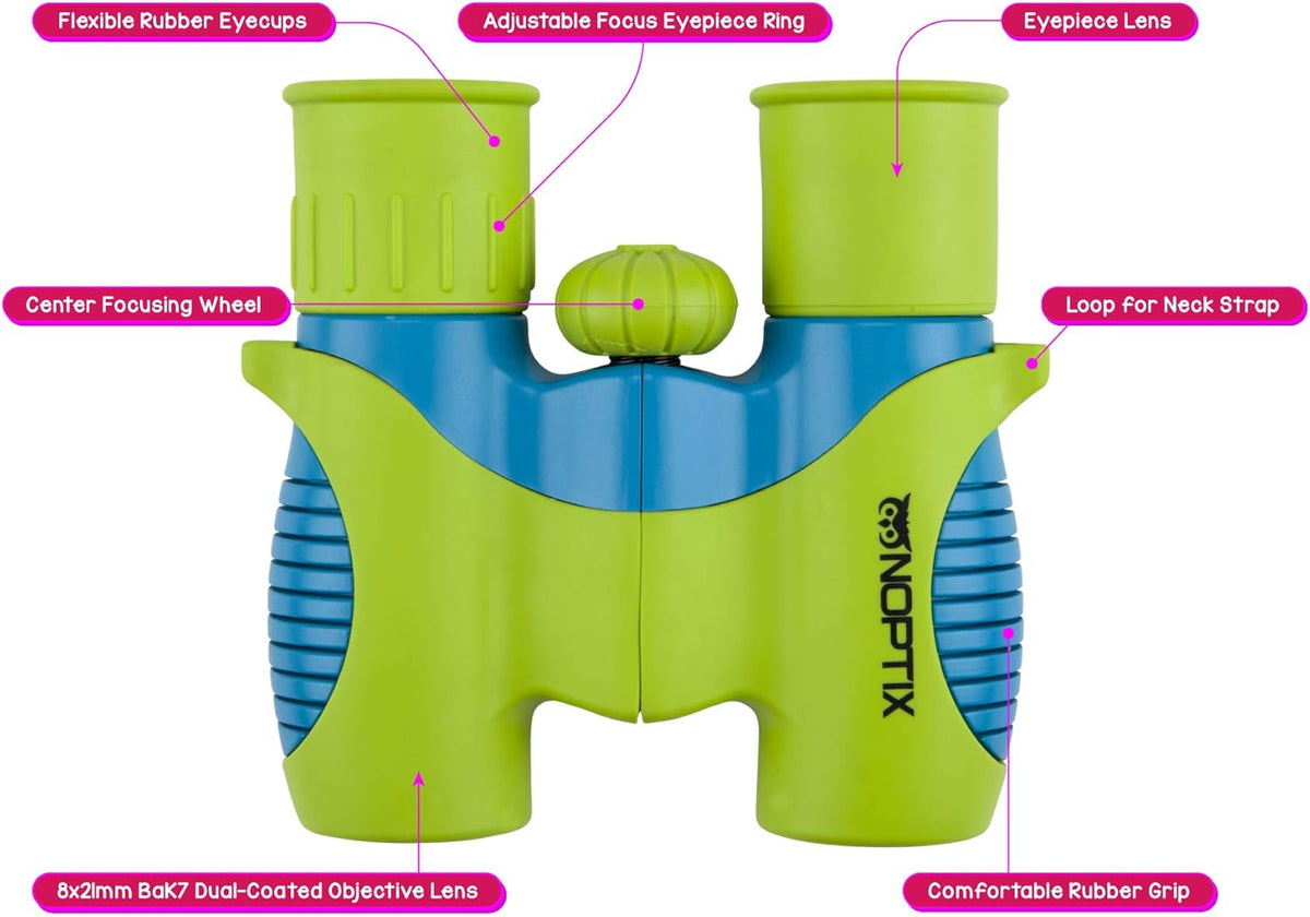 Binoculars for Kids, Girls or Boys Real Kids Binoculars in Vibrant Green Blue - Includes Sticker Book with 40 Bird Species - Small Toys for Toddlers