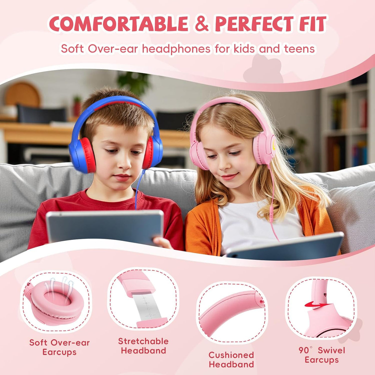 Kids Headphones with Microphone for School, 85/94 dB Volume Limit, Wired Over Ear Girls Headphones for Kids with Stereo Sound 3.5mm Wired Cord for Kindle Tablet Airplane Travel, Pink