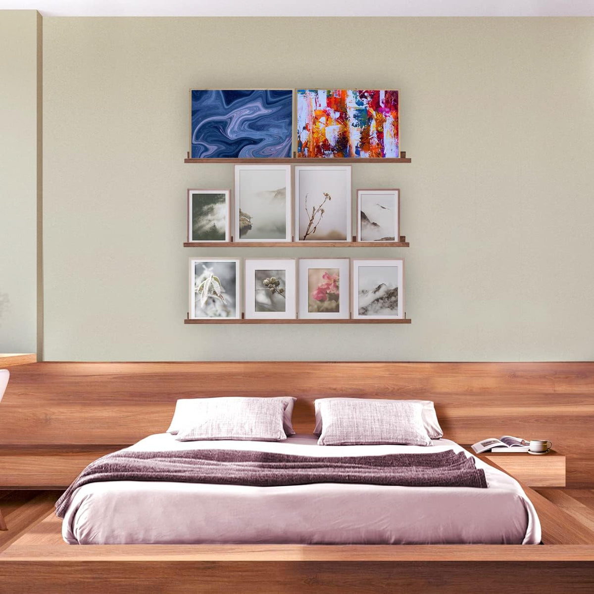 AZSKY Floating Wood Wall Shelves Light Walnut 48 Inch Long Hanging Picture Photo Ledge Shelf Rustic Modern Narrow Shelves for Wall Decor Storage and Display Nursery Book Shelves a Set of 3