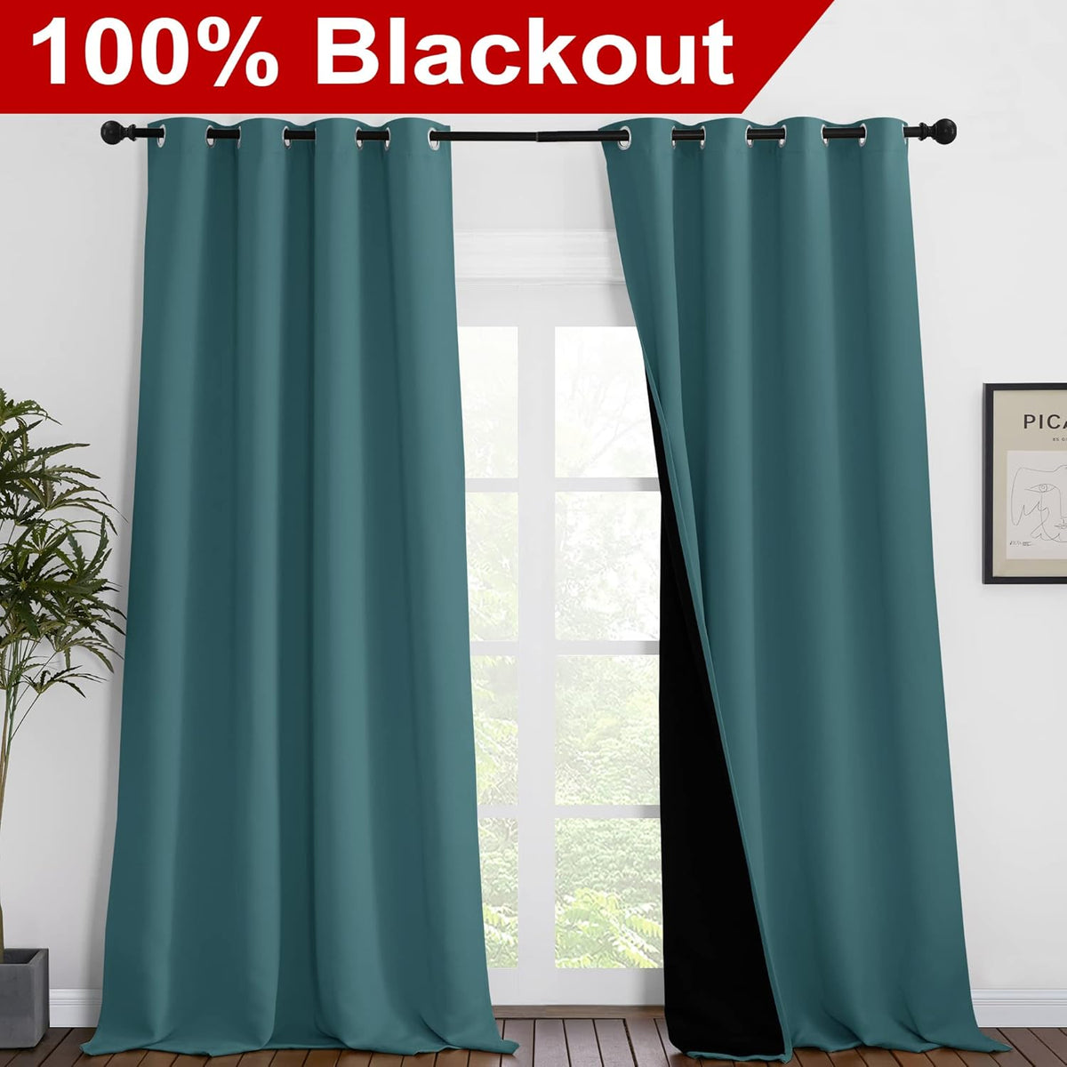 NICETOWN 100% Blackout Curtains 102 inches Long, Noise Reduction Window Treatment Curtains, Thermal Insulated Energy Smart Drapes and Draperies for Apartment Decor, Sea Teal, Set of 2, 55 inches W