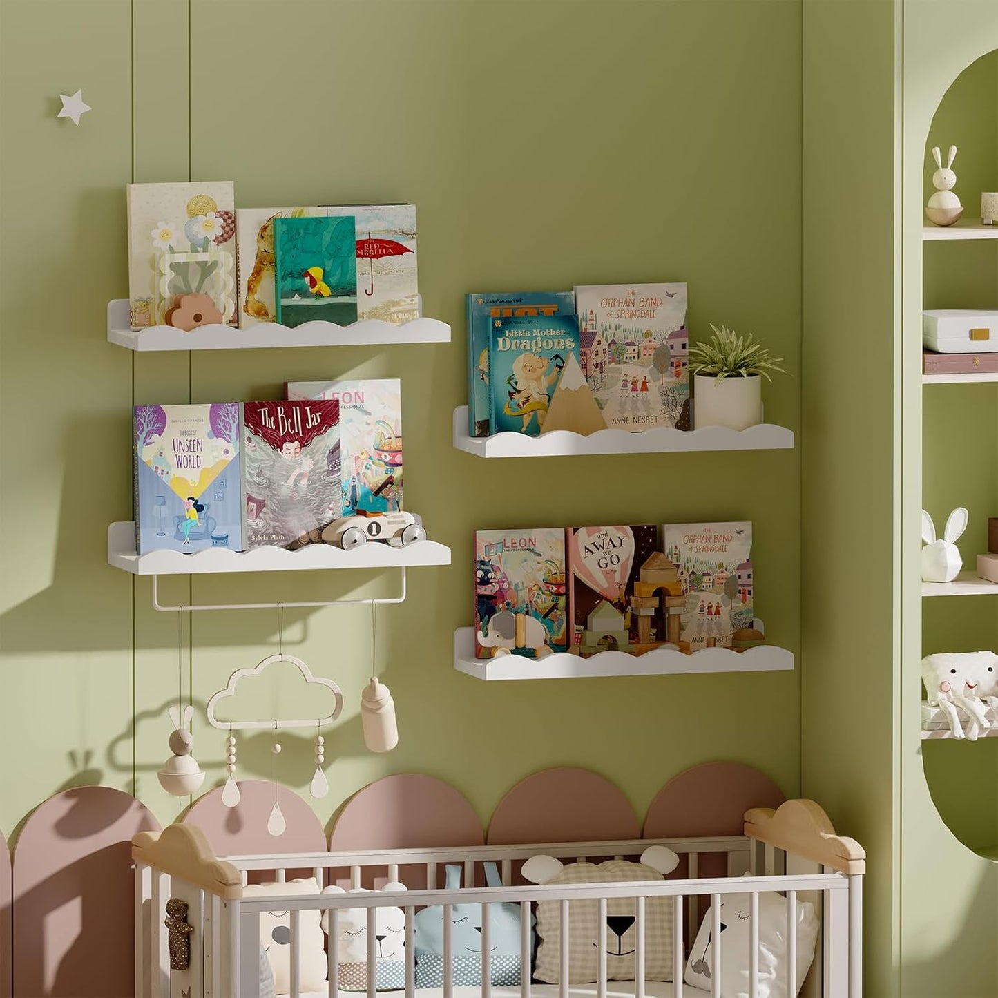 Fixwal Nursery Shelves, 16.5 Inch Floating Bookshelves for Wall Set of 4, Scalloped Wall Book Shelves with Towel Rack for Kids, Toddler Room, Baby Room, Nursery Decor and Storage(White)
