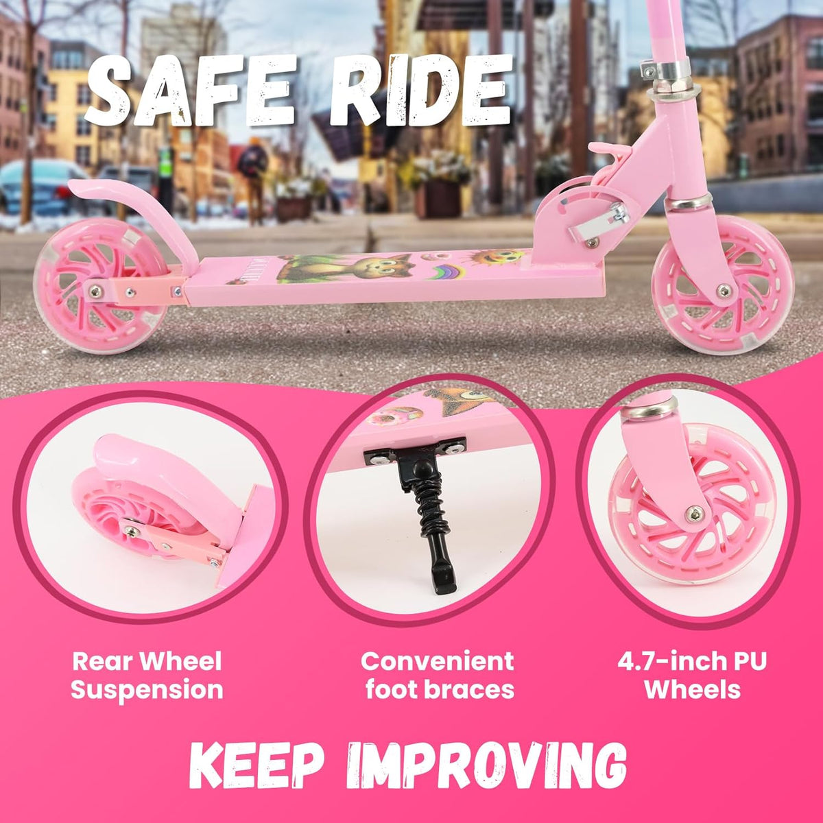 Scooter for Kids Ages 3+, Teens, Foldable Kick Scooter with Light up Wheels, Kickstand, 3 Adjustable Levels, Rear Brake, Lightweight Boys Girls Outdoor Toys for Kids 8-12, Pink