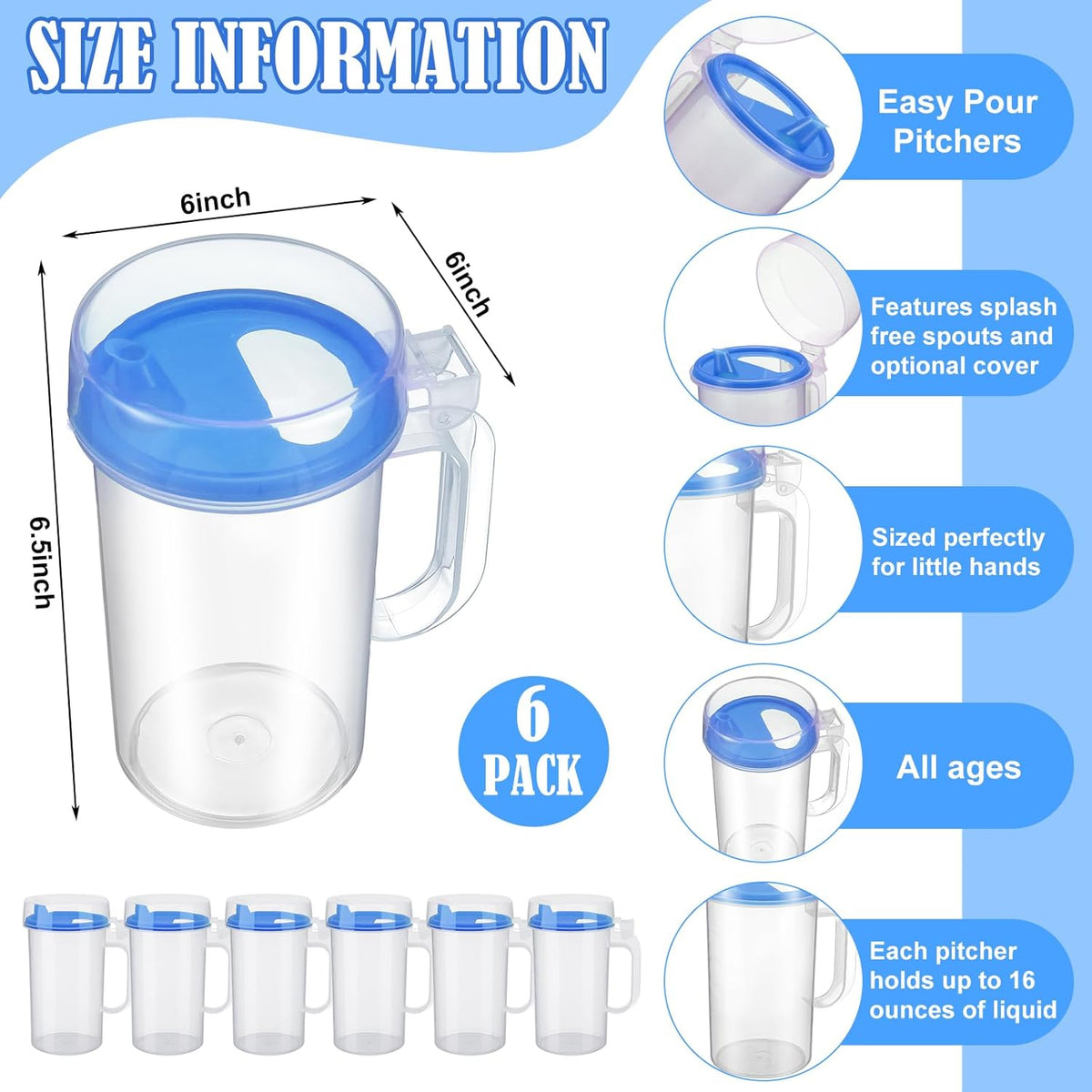 Newtay 6 Pack Early Learning Kids Easy Pouring Mini Pitchers Clear Plastic Pitcher with Lid and Handle Easy Pour Bottles 16 Oz. Jugs with Lids for Classroom Nursery Home (Blue)