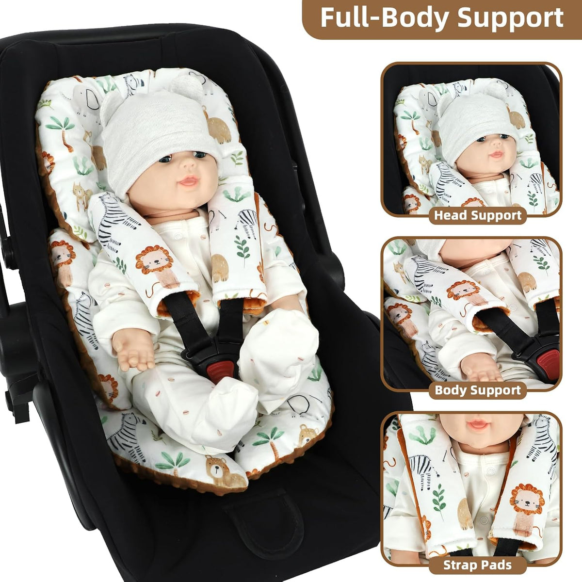 Infant Car Seat Insert Cushion, Baby Car Seat Head Body Support for Girls & Boys, Reversible Newborn Car Seat Insert with 2 Extra Strap Paddings, Premature Car Seat Cushion, Animal