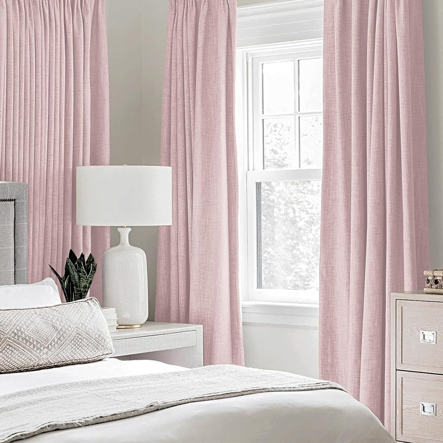 MIULEE Linen Texture Curtains for Bedroom Solid 100% Blackout Thermal Insulated Pink Curtains Grommet Room Darkening Drapes for Living Room Nursery 52x96 Inch (2 Panels)