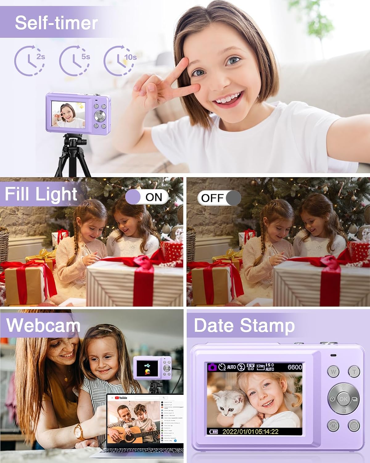 Digital Camera, Kids Camera FHD 1080P Point and Shoot Camera with 16X Zoom Anti Shake, Small Compact Camera for Teen Starter Children Kid Student Girl Boy(Purple)