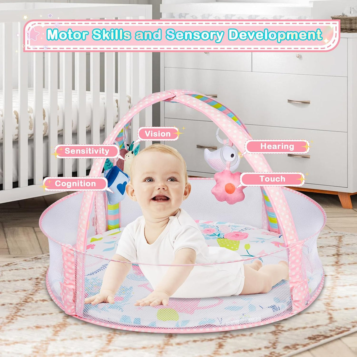 Baby Play Mat, 4-in-1 Baby Play Gym Tummy Time Mat with Ball Pit and 5 Detachable Toys for Newborn to Develop Sensory Exploration and Motor Skill 0-6-12 Months