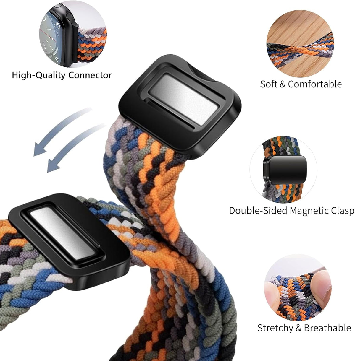 Mazoft Braided Bands With Magnetic Clasp Compatible with Apple Watch Band 38mm 40mm 41mm 42mm 44mm 45mm 46mm 49mm；Soft Nylon Sport Loop Strap for iWatch Series Ultra 2&1 10 9 8 7 6 SE 5 4 3 Women Men