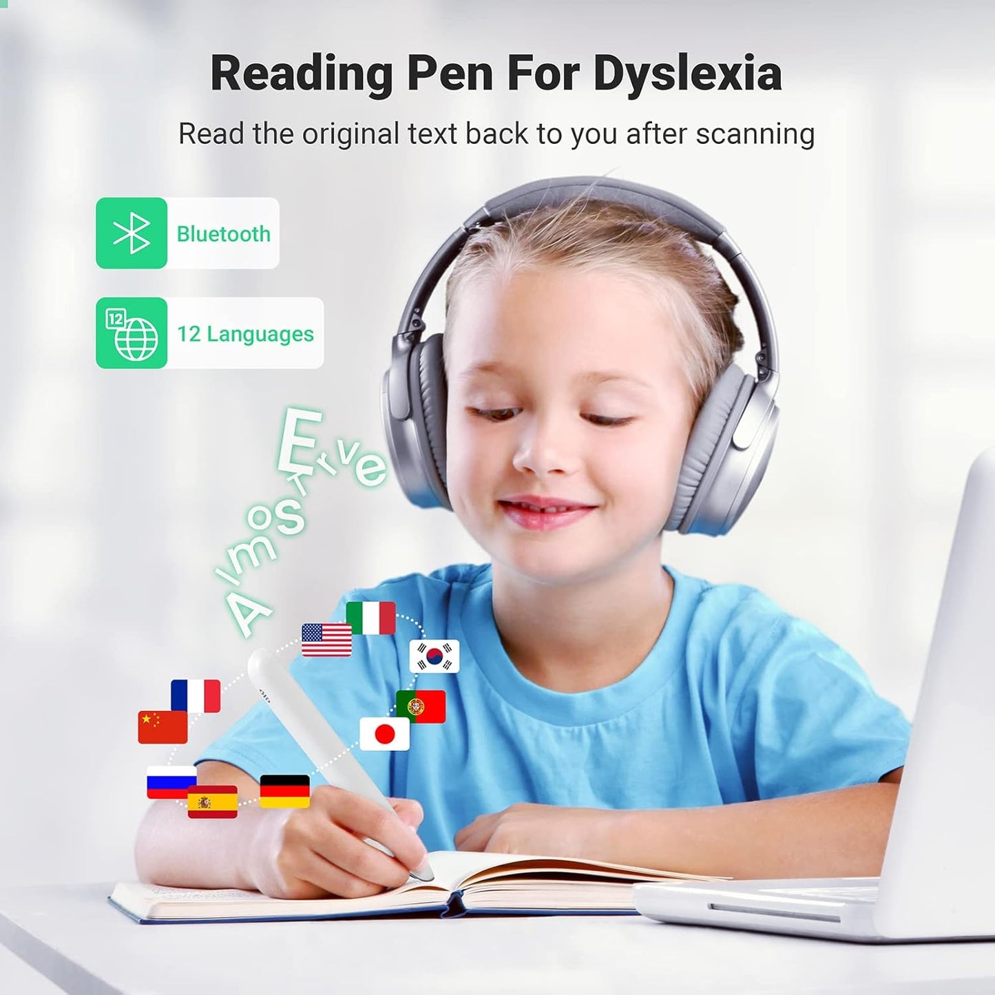 SVANTTO 102 Translator Pen Scanner, Text to Speech Device for Dyslexia, OCR Digital Highlighter Reader Pen, Exam Reading Pen, Bluetooth Langage Translator, No Monthly Fee（White）