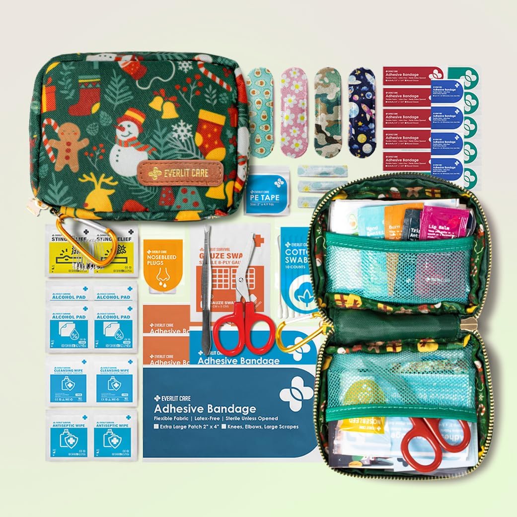 EVERLIT Mini Rescue Pack | 105 Medical Essentials Organized in Portable Storage Bag | Pocket Size Kids First Aid Kit with D Ring | Small Family-Friendly Travel Medical Kit (Christmas)