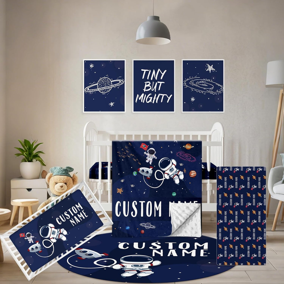 Personalized Crib Bedding Set, 5 Pcs Custom Nursery Bedding Sets with Name, Infant Bedding Set for Baby Boys, Blue Astronaut Double Layer Baby Crib Set, Babies Toddlers Kids Customized Gifts