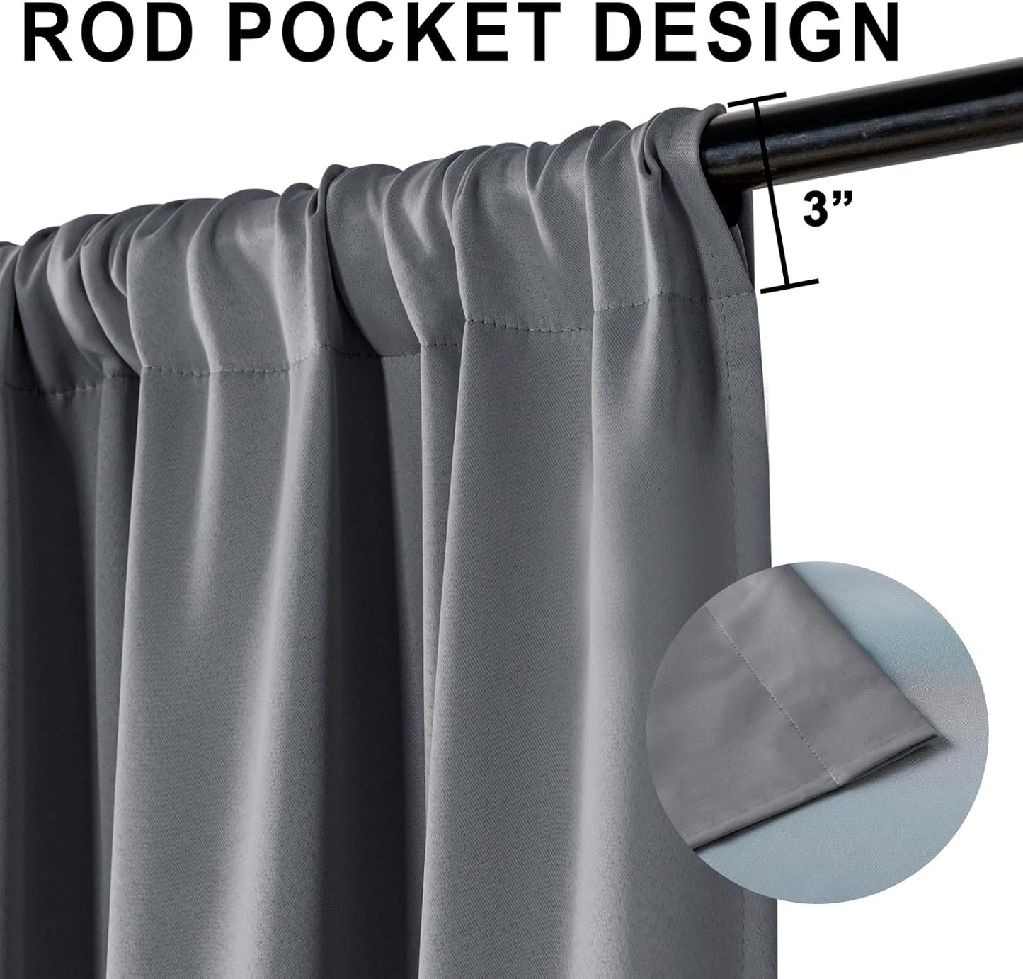XWZO 100% Blackout Curtain Panels - Rod Pocket Thermal Insulated Black Liner, Noise Reducing and Heat Blocking Drapes for Hall and Studio Windows with Tiebacks, Dark Grey, W52 x L63, Set of 2