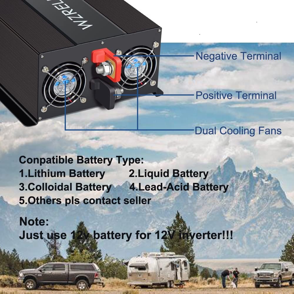 WZRELB Pure Sine Wave Inverter 3000W 12VDC to 120VAC Solar Power Peak 6000W Converter Truck RV Home LCD Display, Black (LN300012)