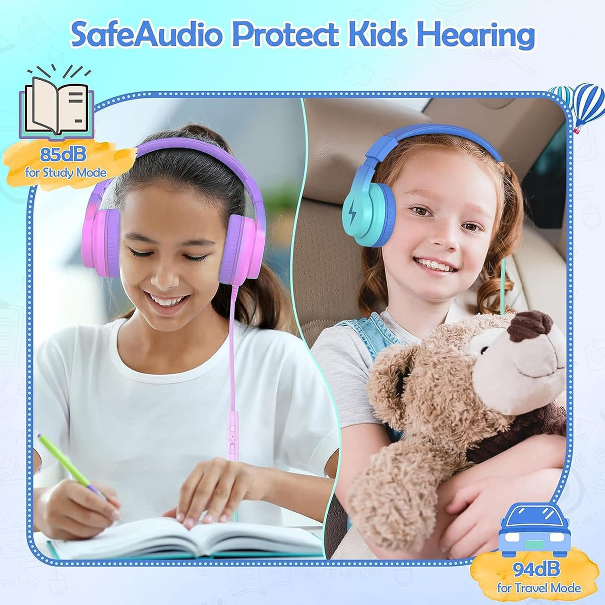 Bila Kids Headphones, Wired Over Ear Headphones with Microphone, Volume Limiter for Girls & Boys, Foldable for Learning & Entertainment
