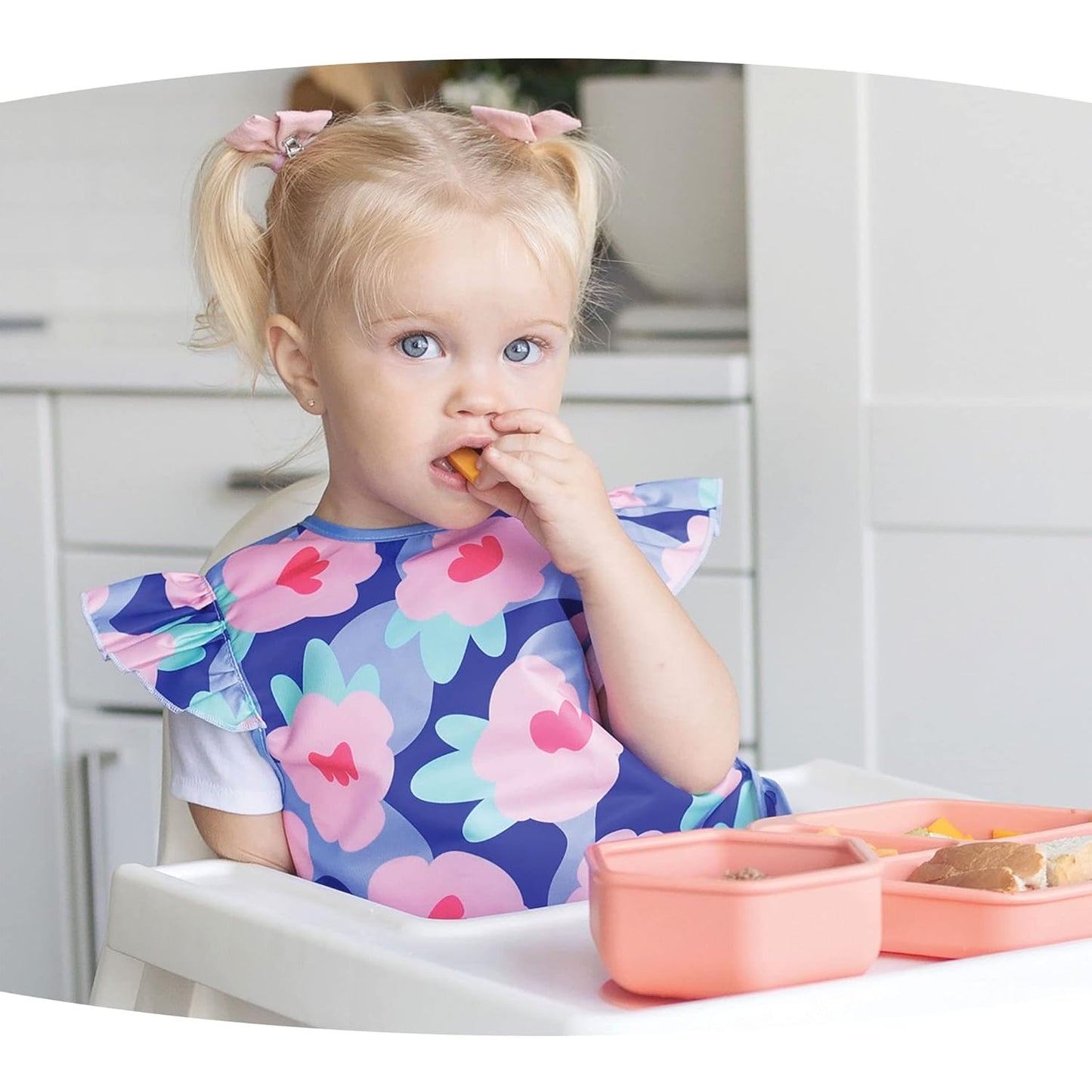 Tiny Twinkle Mess Proof Baby Bib - Waterproof & Lightweight Baby-Led Weaning Apron | 100% Recycled Polyester, Easy Clean & Machine Washable (Floral Blue, Large 2-4 Years)