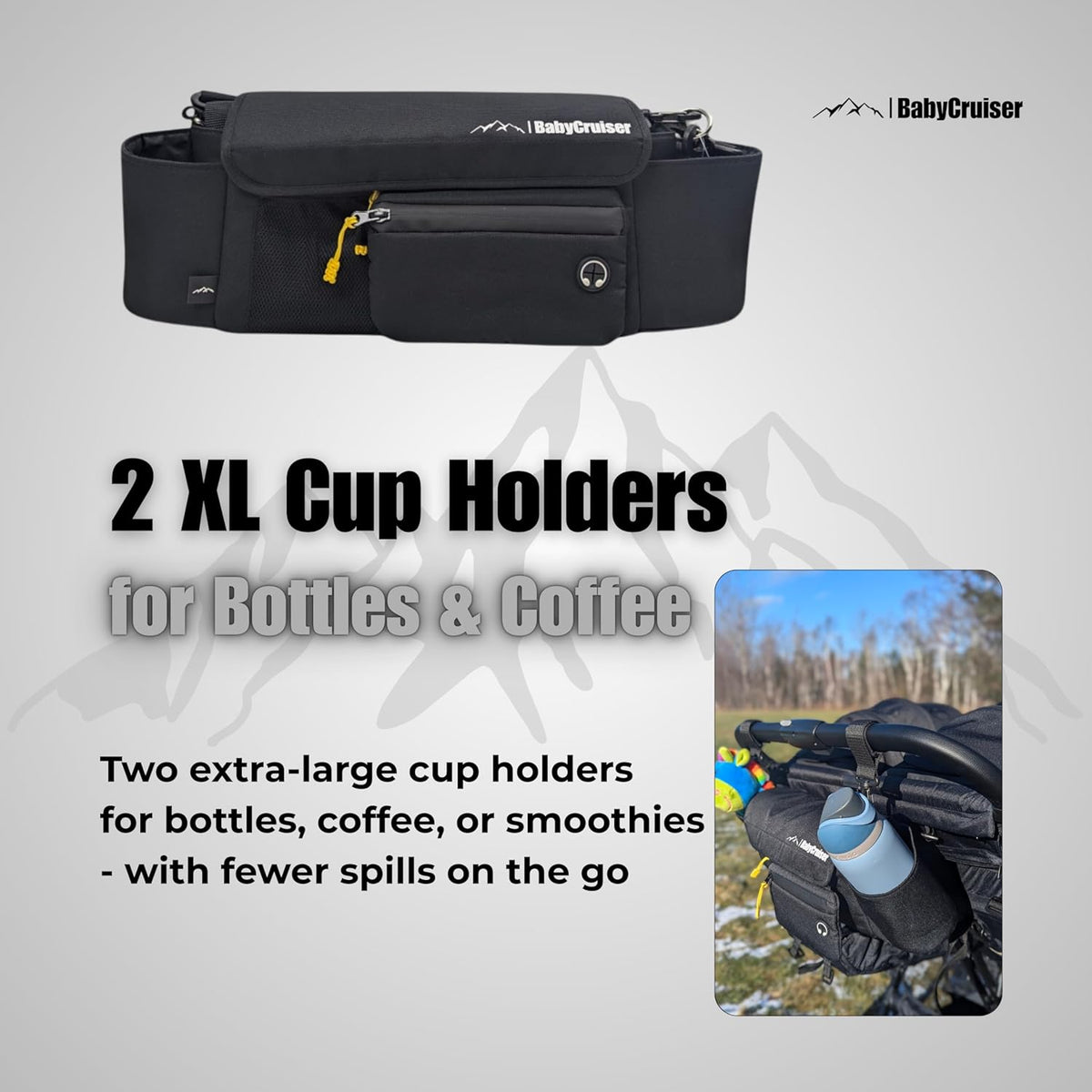 Stroller Caddy Double Stroller Organizer with Cup Holder Phone Pocket Changing Mat Straps Mounted 2 x Stroller Water Bottle Holder