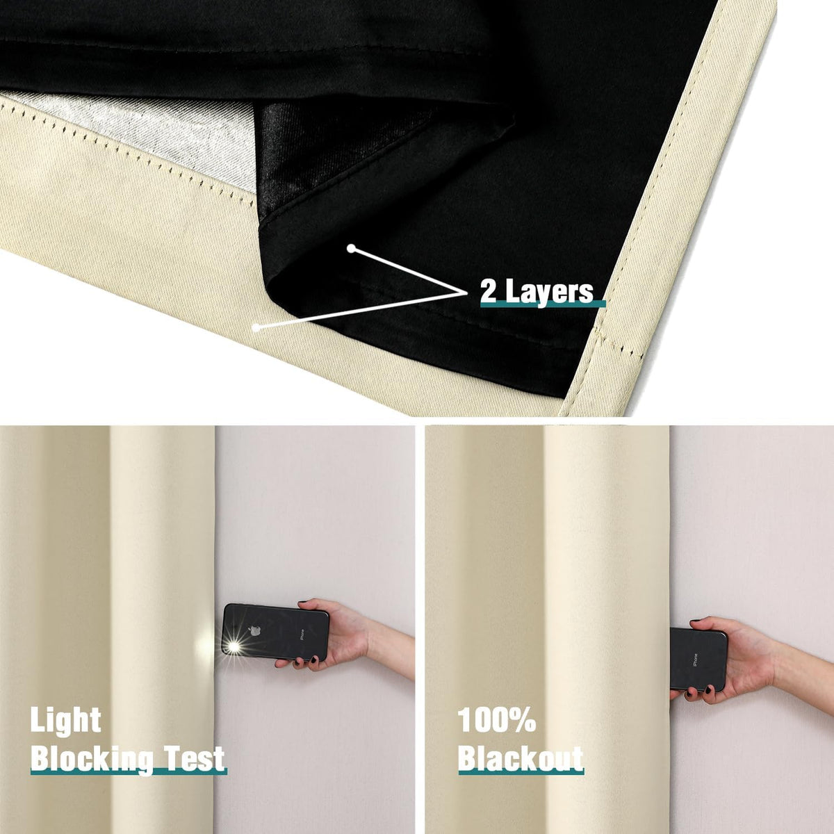 ChrisDowa 100% Blackout Curtains 63 inch Long for Bedroom with Black Liner, 2 Thick Layers Total Blackout Thermal Insulated Grommet Window Curtains 2 Panels Set (Light Beige, 42 x 63 Inch)