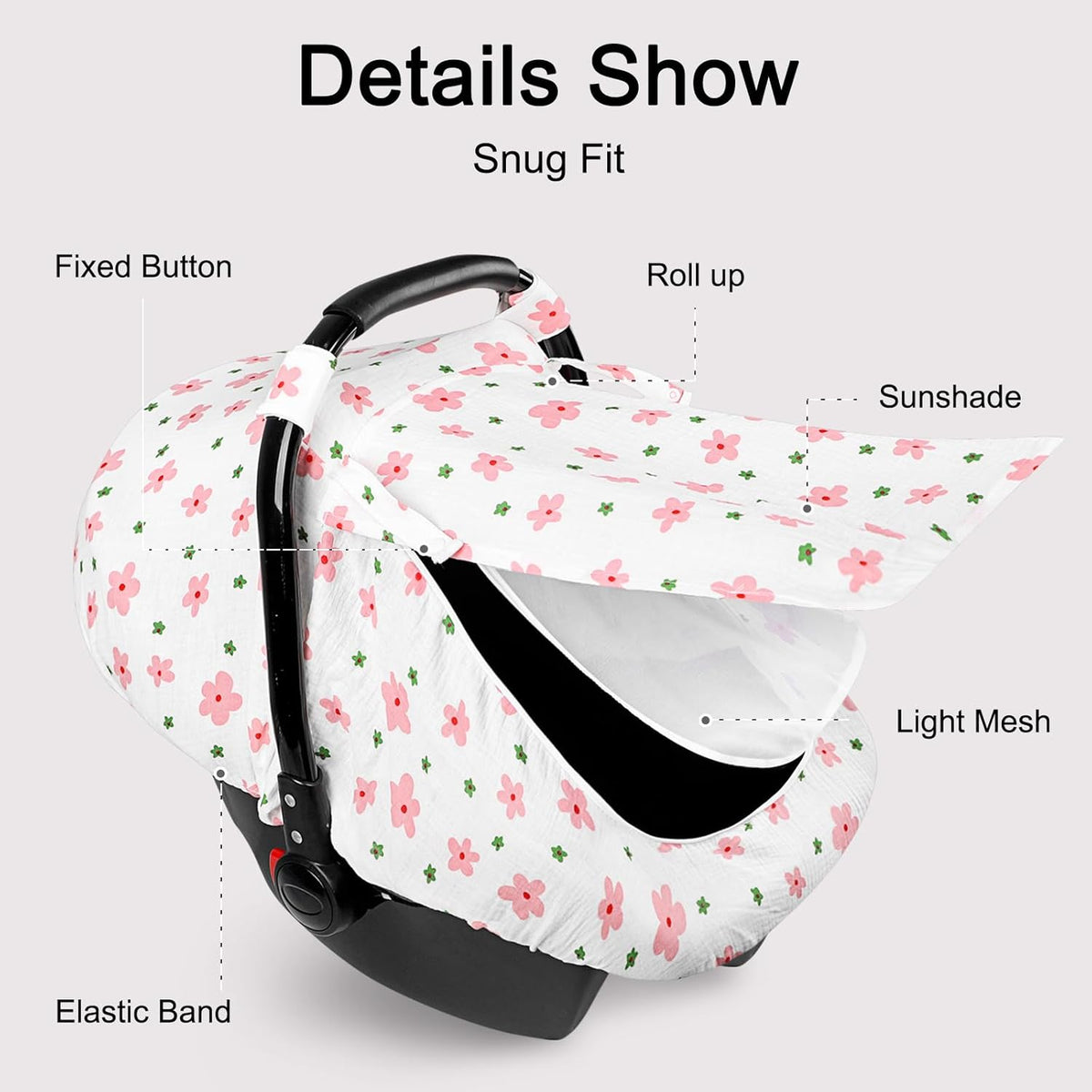 Hooyax Muslin Car Seat Cover Baby - Breathable and Privacy Car Seat Canopy with 3 Modes - Easy Install & Gift Box Packaging, Universal Fit for Infant Car Seats, Pink Flower