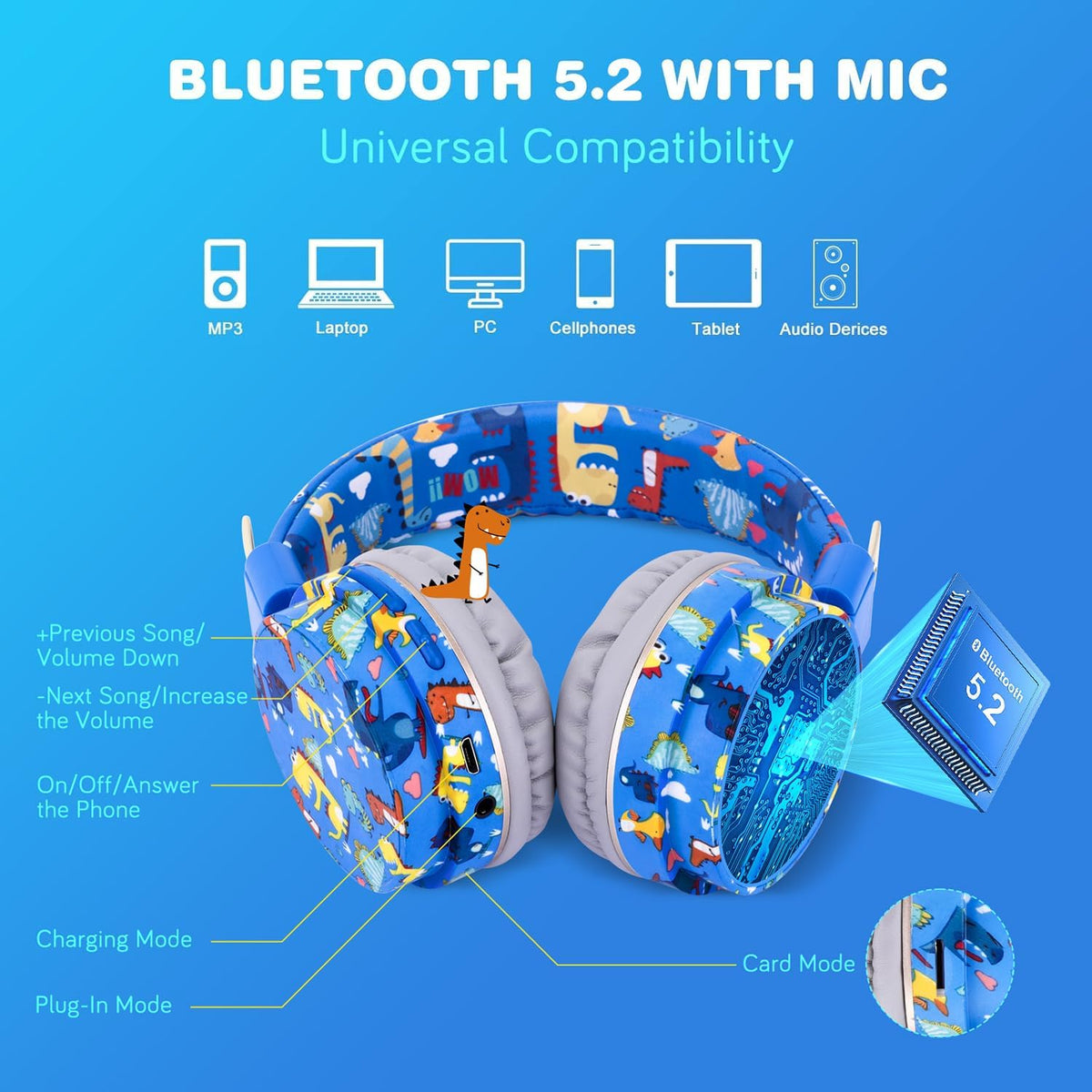 QearFun Dinosaur Bluetooth Headphones for Boys - with Microphone & 3.5mm Jack, Adjustable Headband for Kids Teens Toddlers, School iPad Tablet PC Smartphones Compatible (Blue)