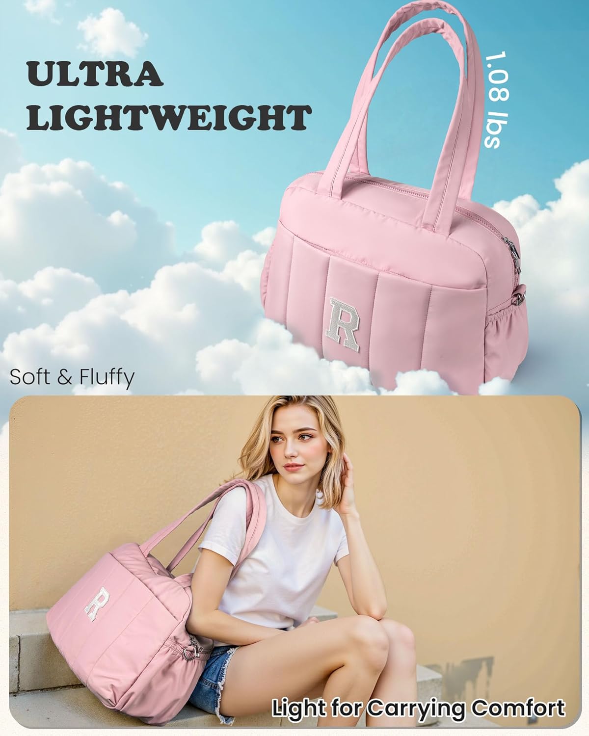 Duffle Bag for Travel, Weekender Bags for Women，Gifts for Girls, Initial Overnight Bag with Wet Pocket，Lightweight Travel Bags Personalized Gym Tote with Makeup Pouch