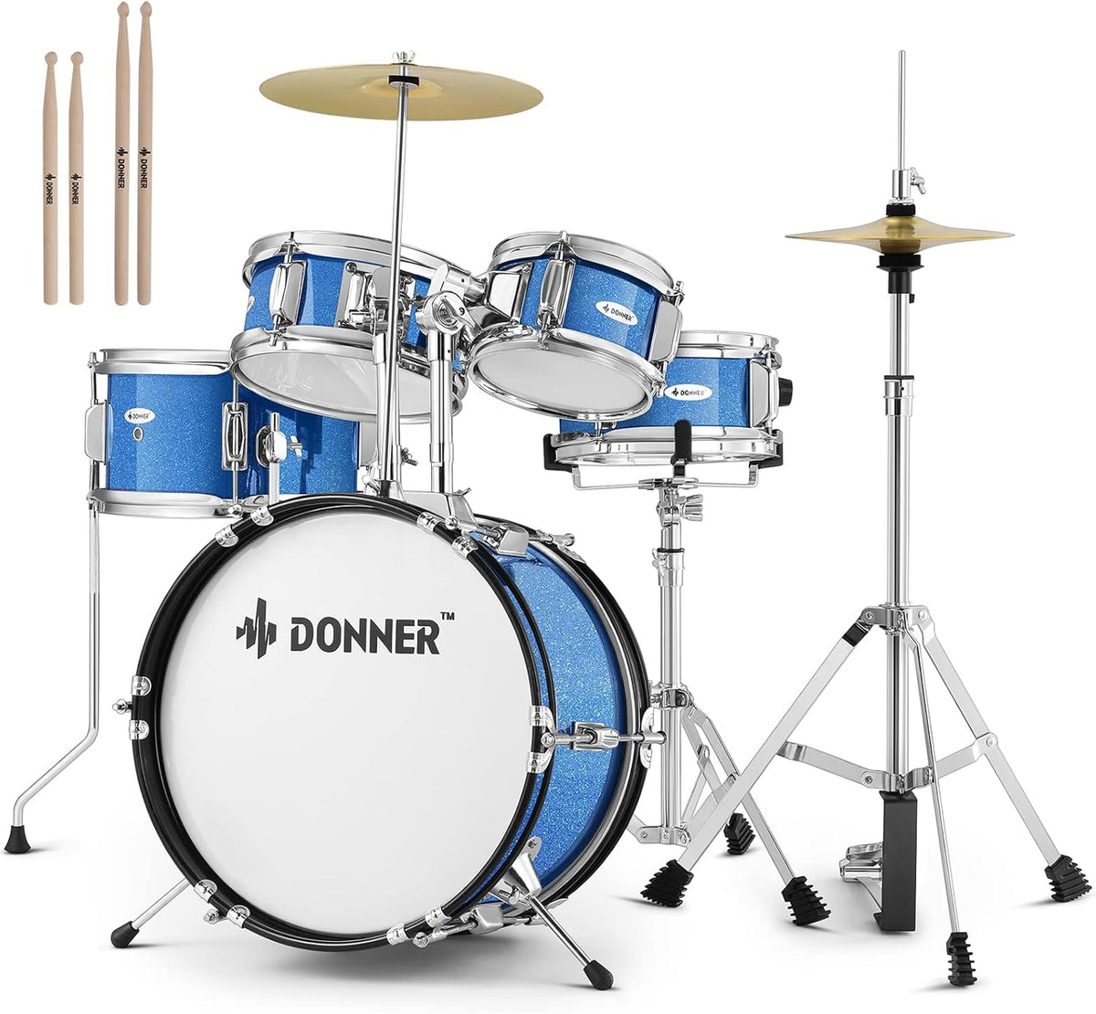 Kids Drum Sets-Donner 5-Piece for Beginners,14 inch Junior Drum Kit, with Adjustable Throne, Cymbal, Hi-Hat, Pedal & Drumstick, Present for Child-Blue